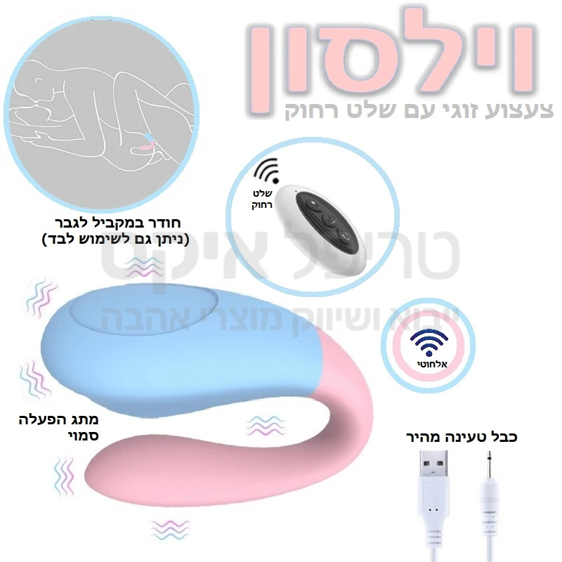 וילסון שלט רחוק לזוגות - מוצר חדשני בסדרת מוצרי פרסה זוגיים - עכשיו עם שלט רחוק! שילוב של מנועי רטט חזקים במיוחד בתוך פרסת סיליקון גמישה שתתאים לכל מידה.. הצד הורוד הדק חודר ואילו הצד העבה עוטף את הדגדגן. אפשרות הפעלה מהמתג שעל המוצר או באמצעות שלט רחוק עד 15 מטר טווח 9 מקצבים לבחירה + מצב תגובה למוזיקה או מצב שקשוק חדש ומדהים(!) אפשר להשתמש בוילסון לבד או בזוג, כאשר בזמן חדירה וילסון יעניק עיסוי לאיבר הגבר ויחדור במקביל לנקודת הג'י. ר' איור. שנה אחריות רק אצלנו! (קיים דגם עם שליטה באמצעות אפליקציה ואפשרויות נוספות בתוספת תשלום).