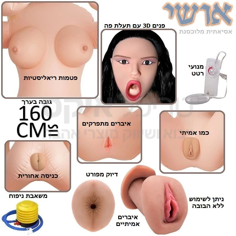 אושי - בובת סקס אסיאתית מלוכסנת עם פני תלת מימד ואיברי סיליקון בטקסטורת דמויית עור אדם דרגה רפואית - "סייבר עור". ניתן להיכנס לכל אחד משלושת הנקבים אשר יכולים להכיל גודל איבר מלא, כל שנותר לבחור זה להיכן הפעם? בנרתיק, אל הפה או אולי מאחורנית? מבחר תנוחות ומגוון עוצמות רטט. הבובה מתנפחת לגודל טבעי כ-160 ס"מ עם פנים ריאליסטיות, מעוצבות עם עיניים וריסים שלא ניתן לפספס.. שיער חלק ופה שמזמין פנימה אל שפתיים עשויות חומר סיליקוני מתקדם בגוון שחום.. שדיים מתנפחים ורכים ופטמות זקורות ורכות. וגינה ריאליסטית בטקסטורה אמיתית או במקרה של חדירה אחורית נקבל מרקם מצולע וצפוף לפינוק האיבר.. מנוע הרטט מתחבר במקביל להשלמת החוויה.