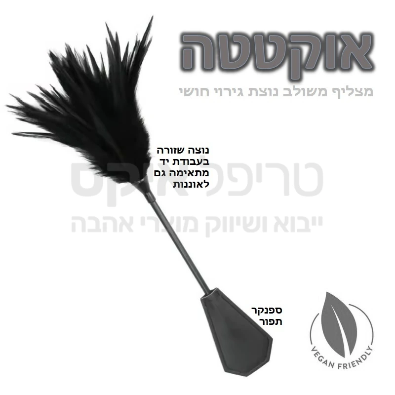 אוקטטה - ערכת פינוק והצלפה עשוייה בעבודת יד כולל ספנקר תפור ונוצת אוננות גירוי ופינוק שזורה ביד, 2 גוונים לבחירה חום או שחור. טבעוני - ללא שימוש בבעלי חיים. 