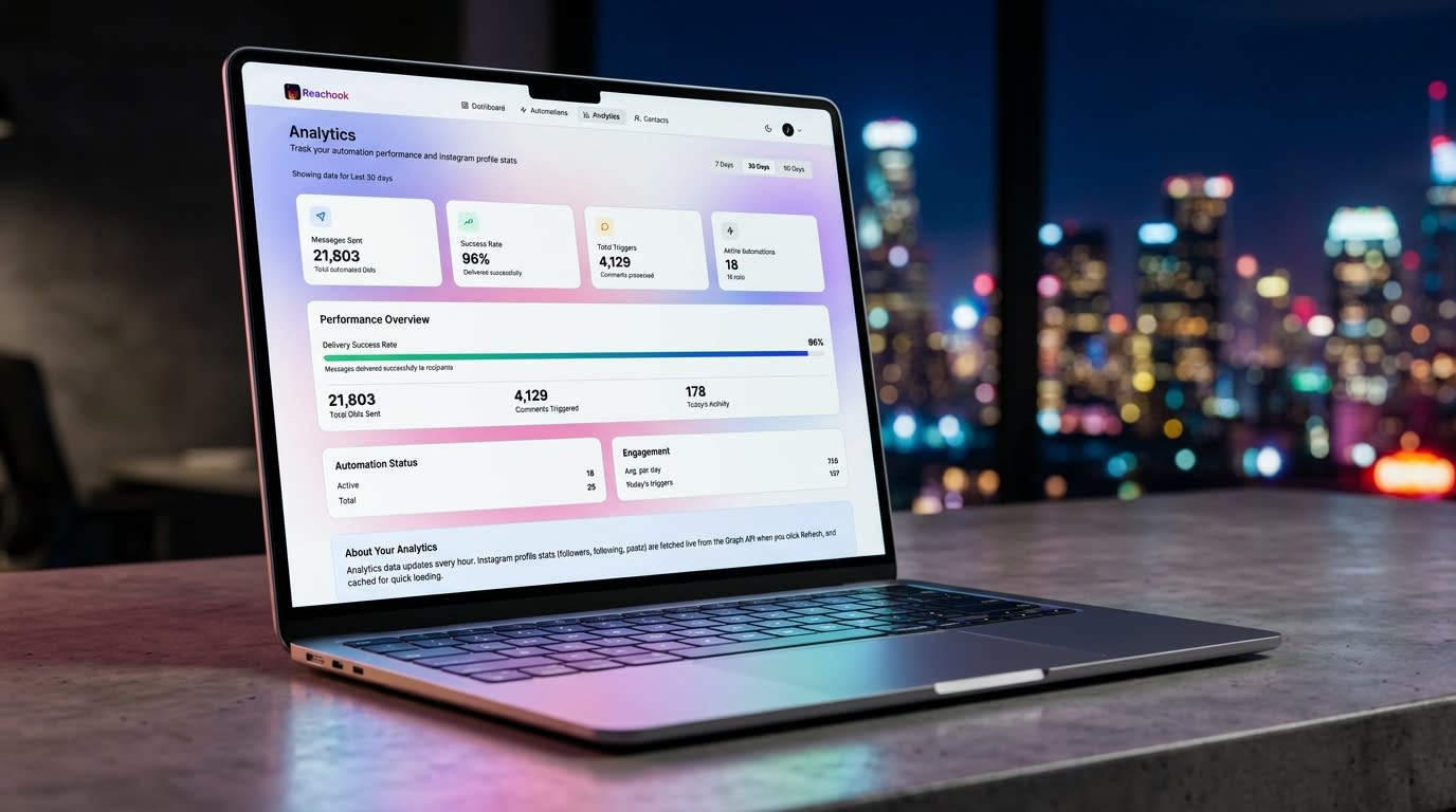 Real-time analytics dashboard showing follower growth and DM conversion rates