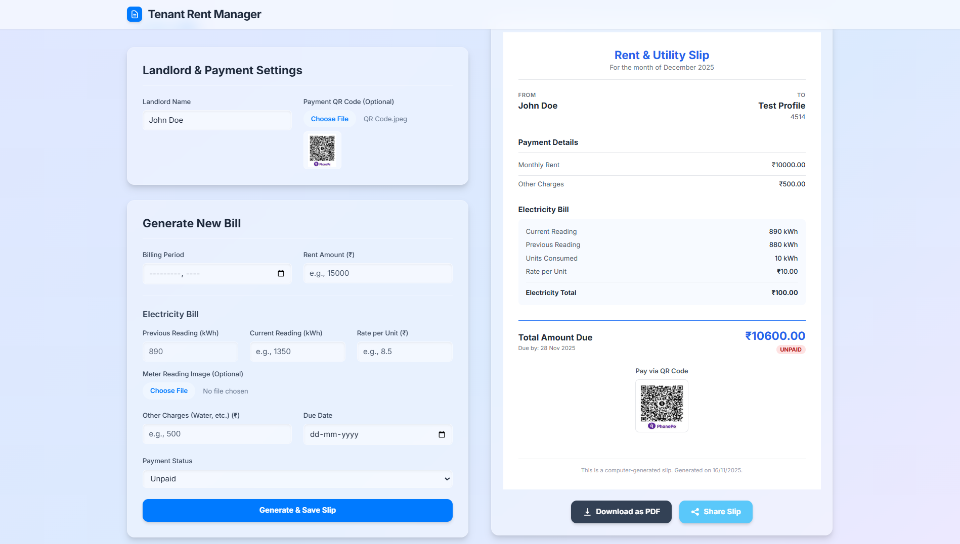 Mockup of the Rent Slip Generator application showing tenant cards and a generated rent slip.
