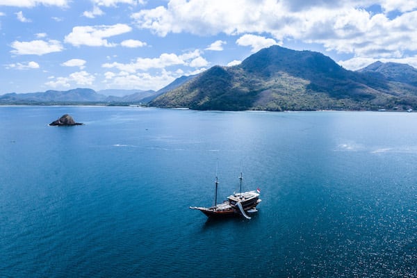 Dunia Baru's 13-Day Flores, Forgotten Islands & Maluku - Day One - Boat Drone View