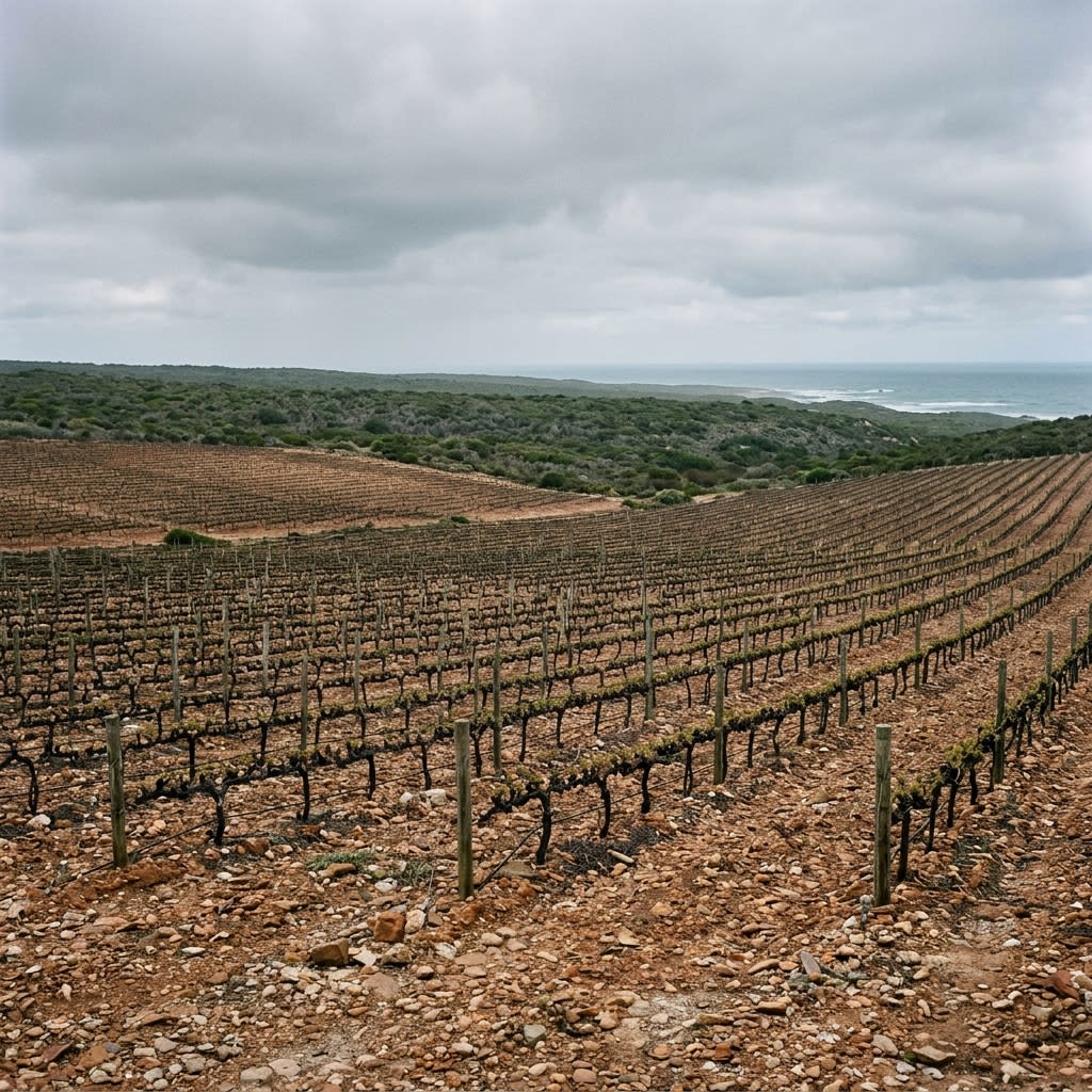 Low, wind-pruned cool-climate vineyards on stony shale soil under a grey, overcast Overberg sky — illustrative of the Elim wine ward inland from Cape Agulhas.