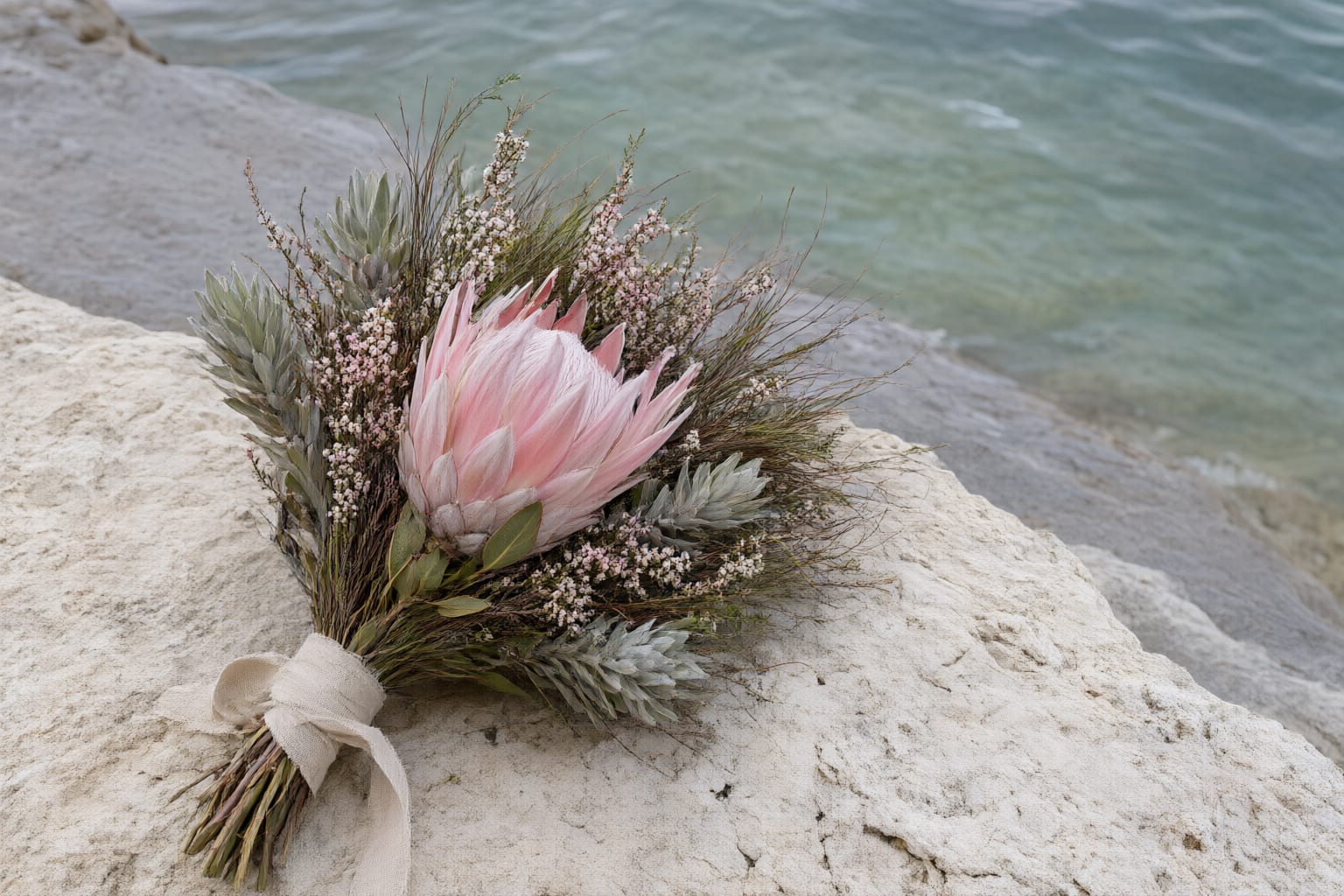 A small loose bouquet of fynbos — protea, erica and restio grasses tied with linen ribbon — lying on pale weathered limestone at the sea's edge in soft overcast light — illustrative of the flowers that grow between the house and the water.