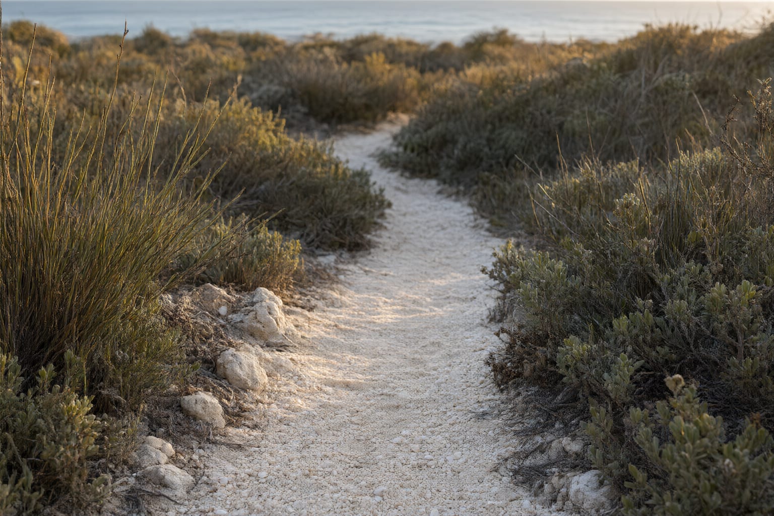 A narrow sandy footpath winding through low limestone coastal fynbos in warm late light, with a thin strip of sea beyond — illustrative of the walking trails around Suiderstrand.