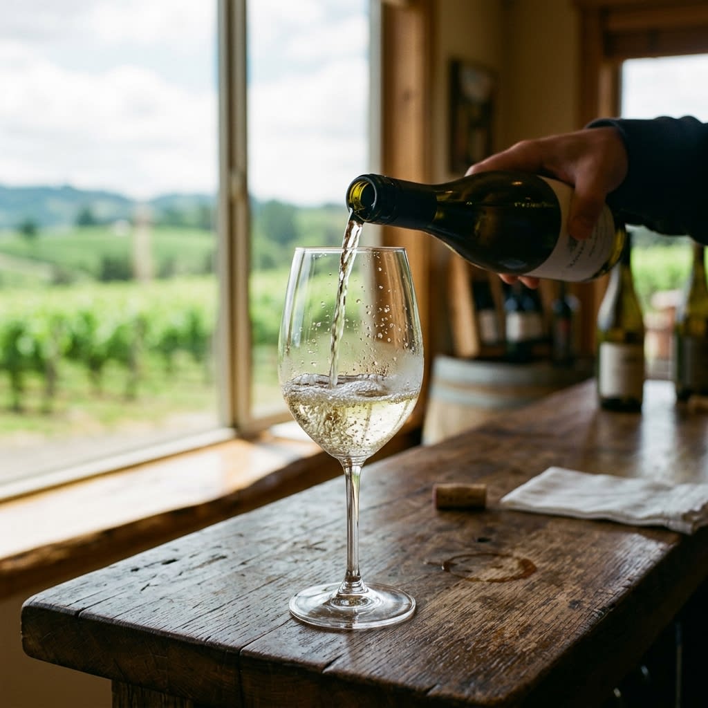 A glass of pale, cool-climate Sauvignon Blanc being poured at a rustic tasting-room counter, with green vineyards soft in the background.