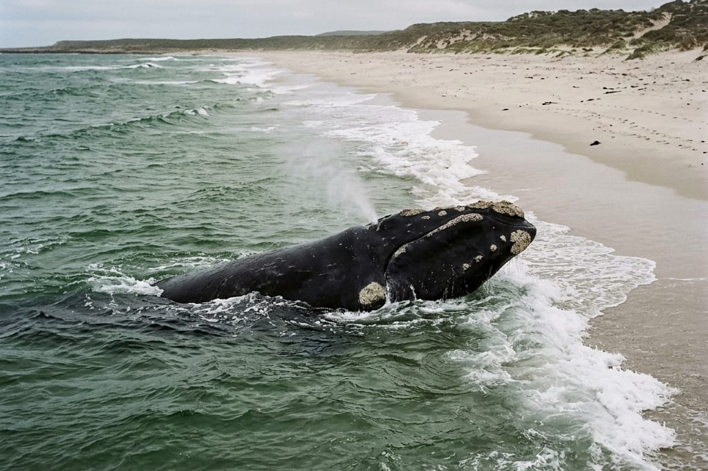 A southern right whale surfacing close to a pale, empty beach, its dark back and callosities clear above cold green water — illustrative of how near the whales come to shore at Struisbaai.