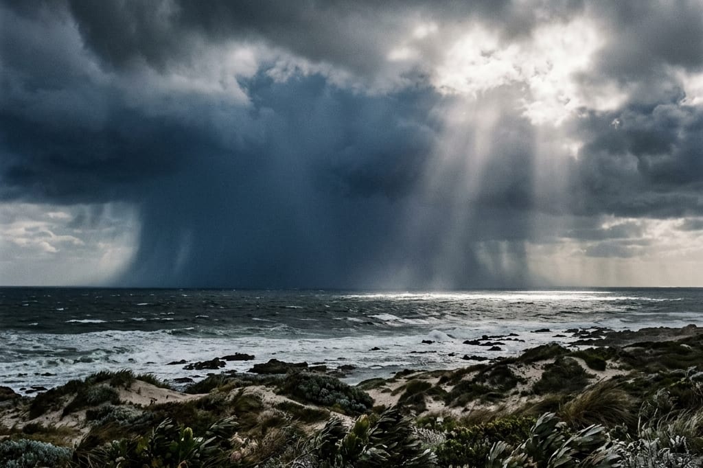 A winter cold front moving in over the sea beyond coastal fynbos, a curtain of rain offshore and low dramatic light — the storm-watching weather of a southern-tip July.