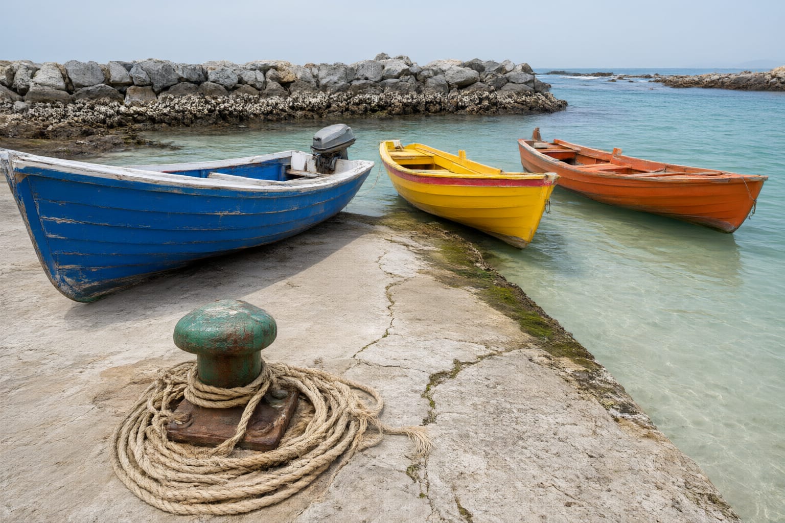 Brightly painted wooden fishing boats drawn up on a concrete slipway above clear shallow water — illustrative of the working harbours along the Cape Agulhas coast.