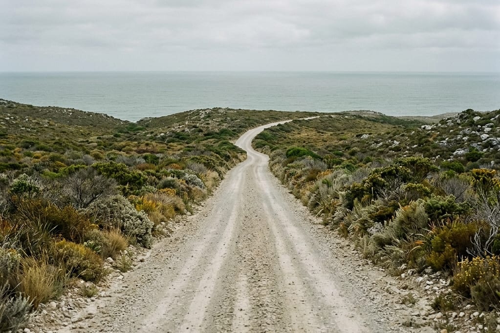 A graded gravel road running through low limestone coastal fynbos to a flat grey-green sea — illustrative of the last few kilometres into Suiderstrand.