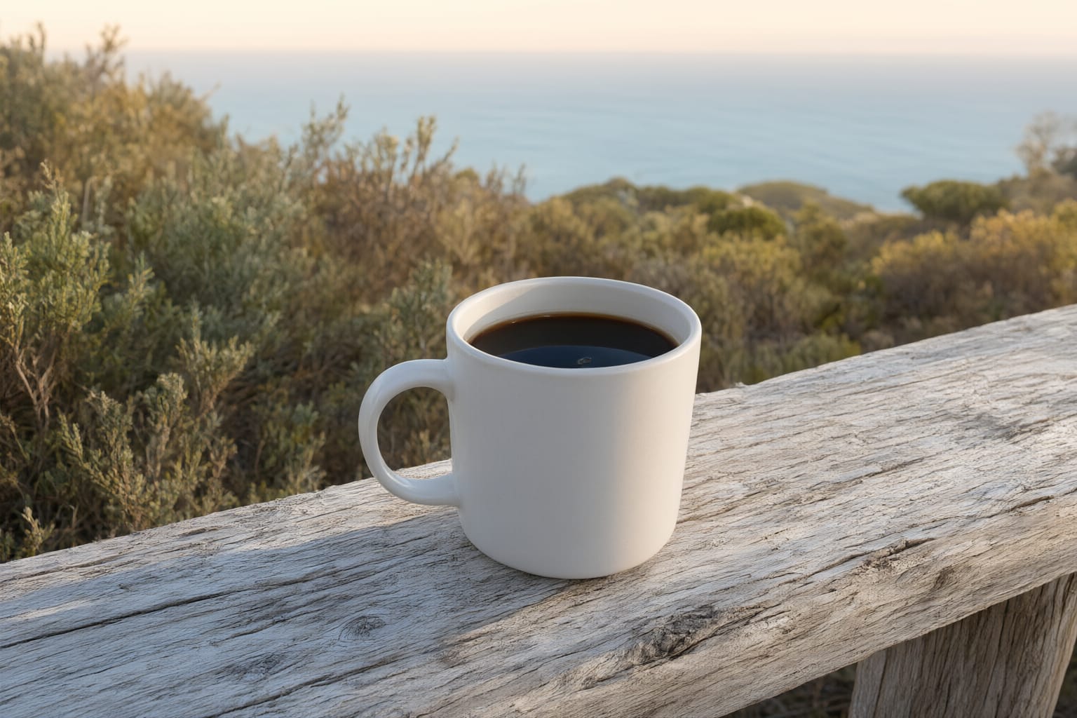 A ceramic mug of coffee on a weathered wooden railing, with soft-focus coastal fynbos and a calm sea beyond in early light — illustrative of the start of a working day on the coast.