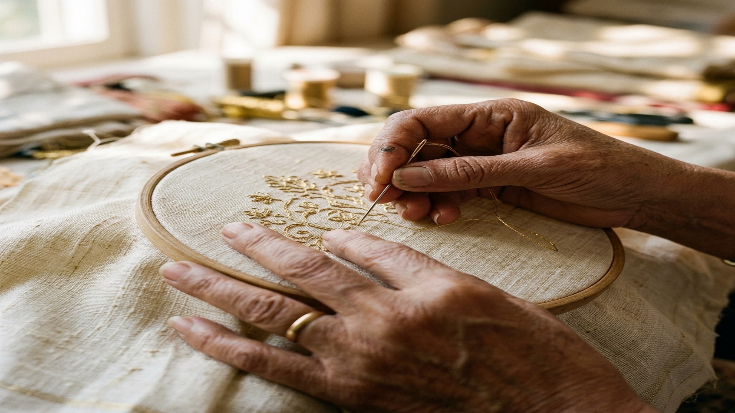 Macro photograph of artisan hands working hand embroidery in fine gold zari thread on cream silk — the unbranded capability that European luxury houses are now naming openly