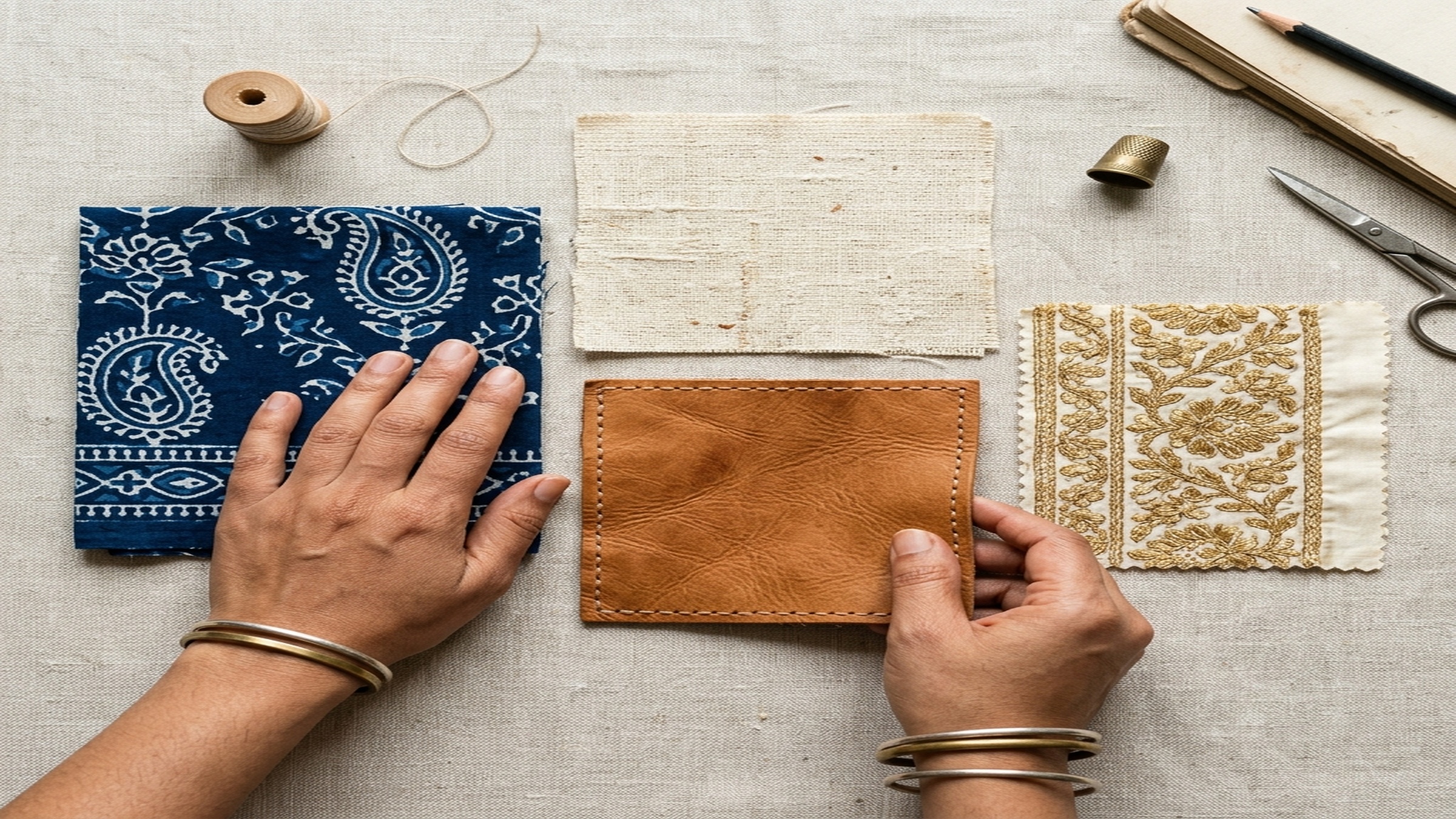 Editorial flat-lay of four Indian craft samples — zari embroidery, indigo block print, handwoven khadi, hand-burnished leather — laid out as a curated capability index