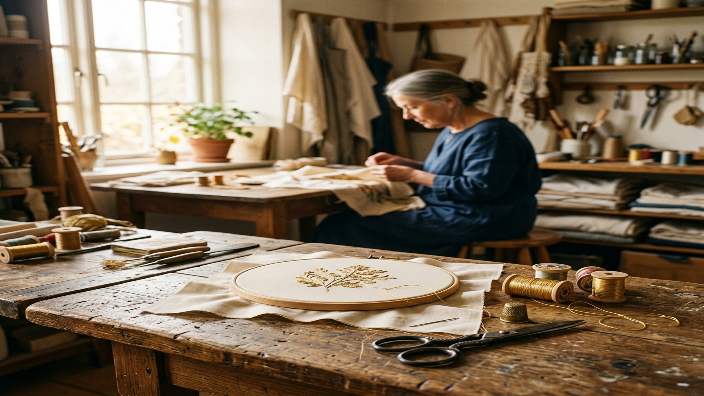 A quiet artisan workbench in warm daylight — embroidery frame, brass thimble, spools of fine thread, scissors, and a cup of tea — dignified workspace, not a factory floor