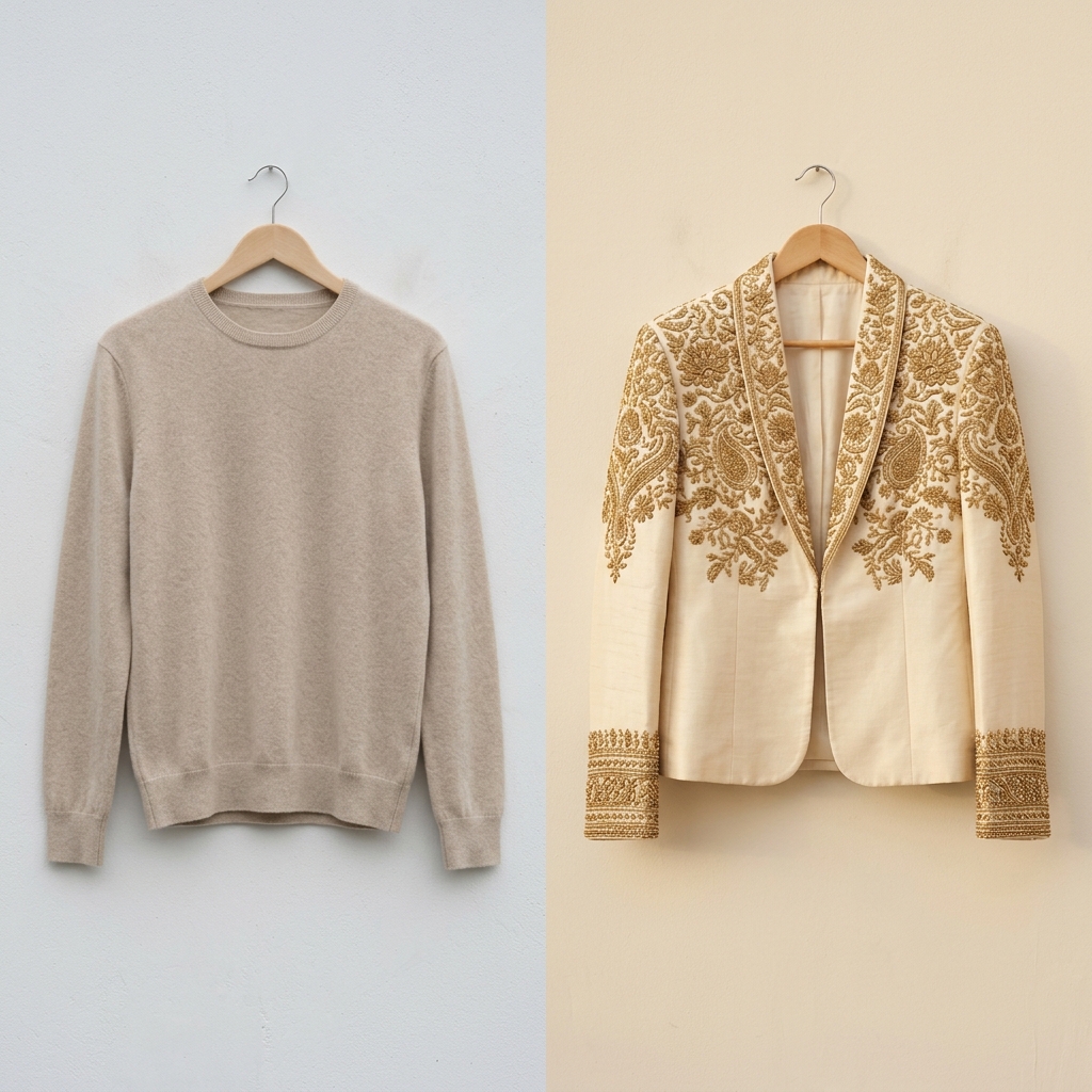 Editorial diptych of a minimalist beige cashmere sweater on the left and a maximalist gold-embroidered ivory silk jacket on the right — the death of one aesthetic and the rise of the next