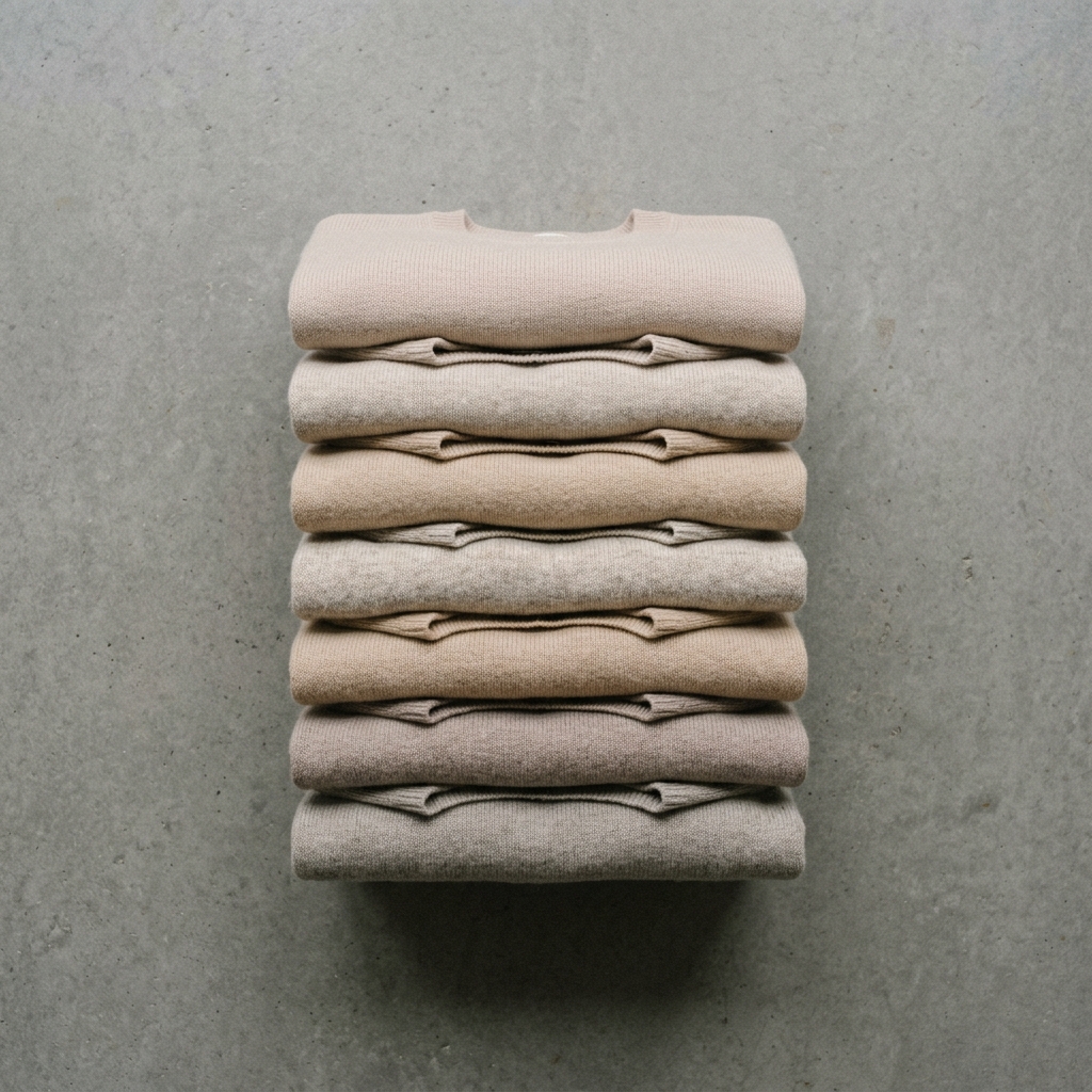 Overhead flat-lay of seven near-identical beige and oatmeal minimalist sweaters folded in a stack — the visual of total category commoditization