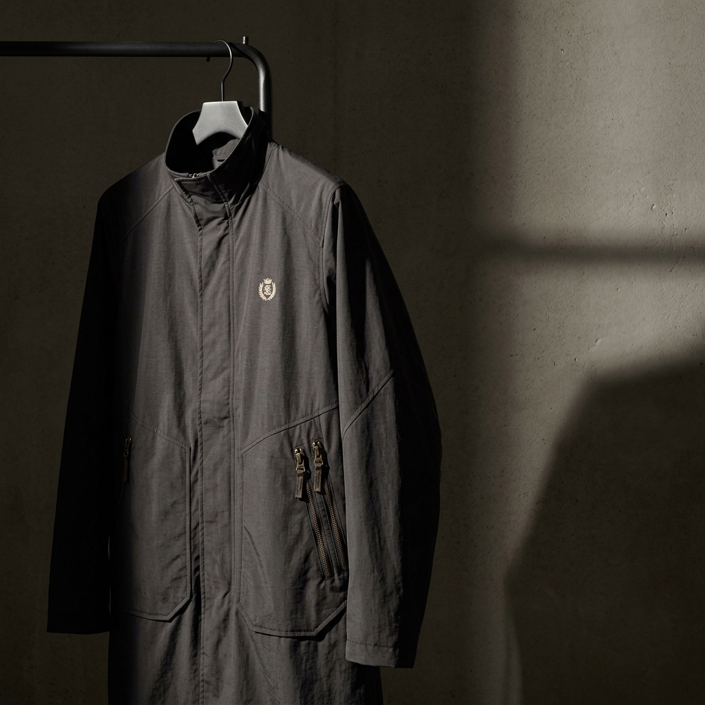 A single technical charcoal nylon coat with a tonal embroidered crest and exposed-zipper system on a matte-black hanger — the perspective-driven hybrid that signals post-quiet-luxury positioning