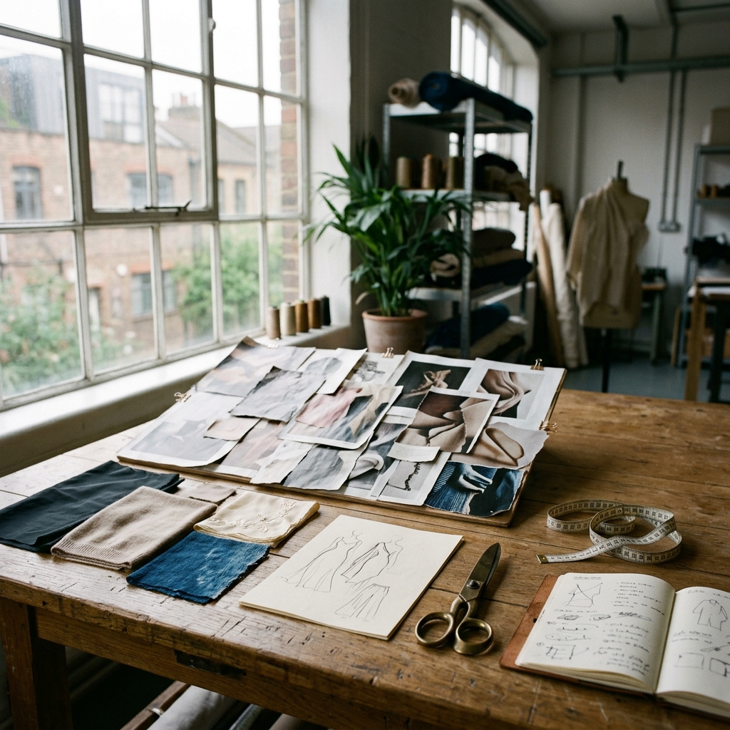 A designer's working table with overlapping fabric swatches, a sketch on cream paper, and a leather-bound notebook — a brand's perspective being built before the aesthetic resolves