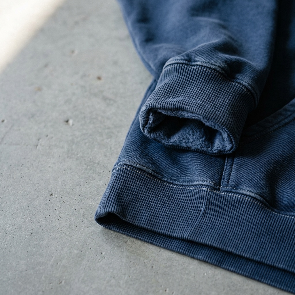 Macro close-up of a heavyweight cotton streetwear hoodie — visible rib-knit cuff, dense brushed-fleece interior, reinforced hem stitching — the construction layer underneath a culturally-anchored drop
