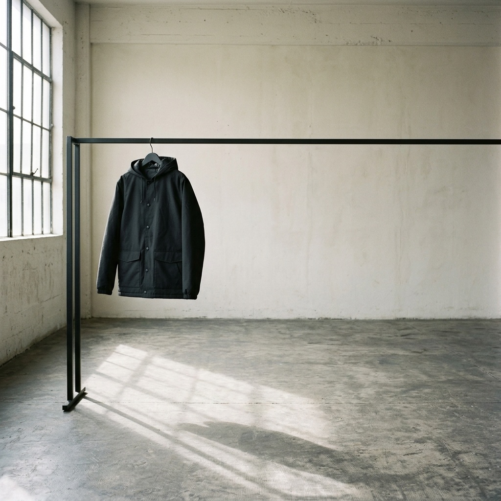 A single streetwear garment displayed alone on a sparse industrial rack against a concrete wall — scarcity by design, not by stockout