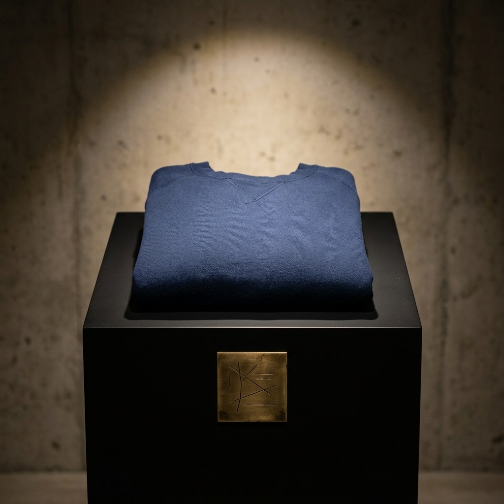 A single folded streetwear piece presented on a dark museum-style platform with a small inscribed brass plate — product treated as an artifact, not a catalog item
