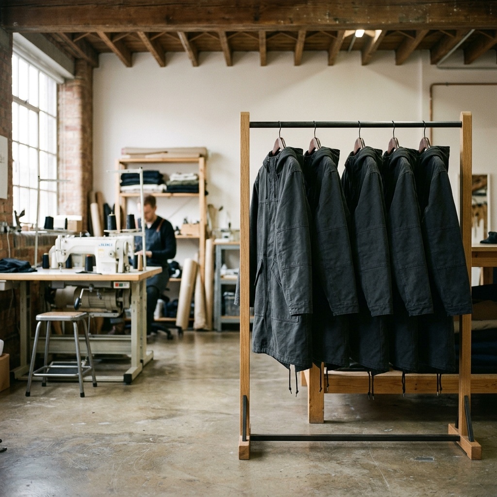 A small batch of identical streetwear garments in an atelier — controlled run, full construction quality, the manufacturing reality behind a drop-based brand