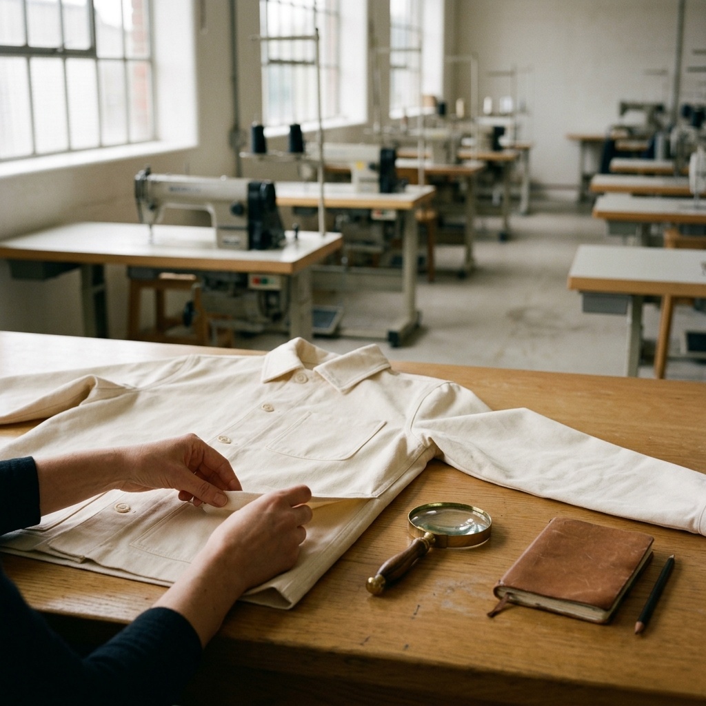 A single garment being inspected close-up on a daylit factory floor — the operational scrutiny moment that decides whether a US clothing brand survives year five
