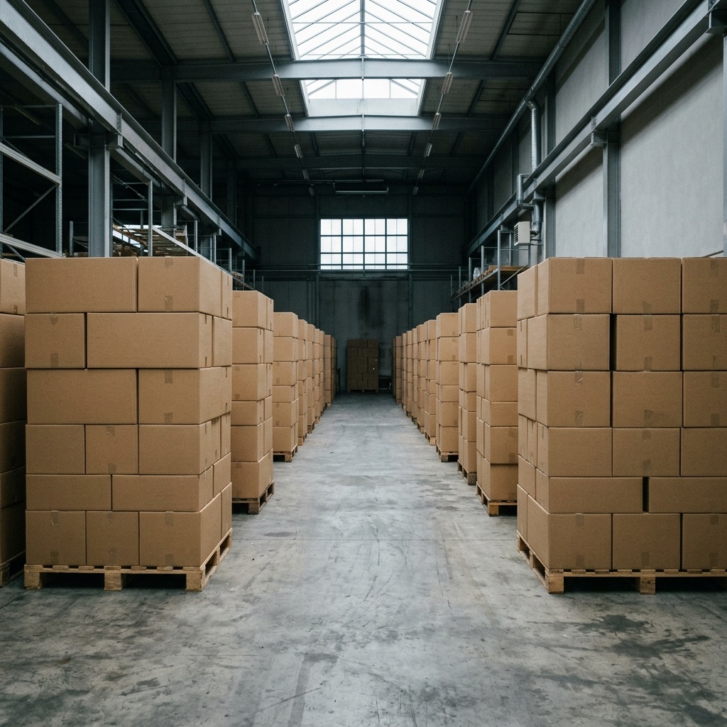 Stacks of unsold cardboard inventory boxes in a warehouse — the operational cost of accepting a 5,000-unit MOQ when the brand actually needed 500