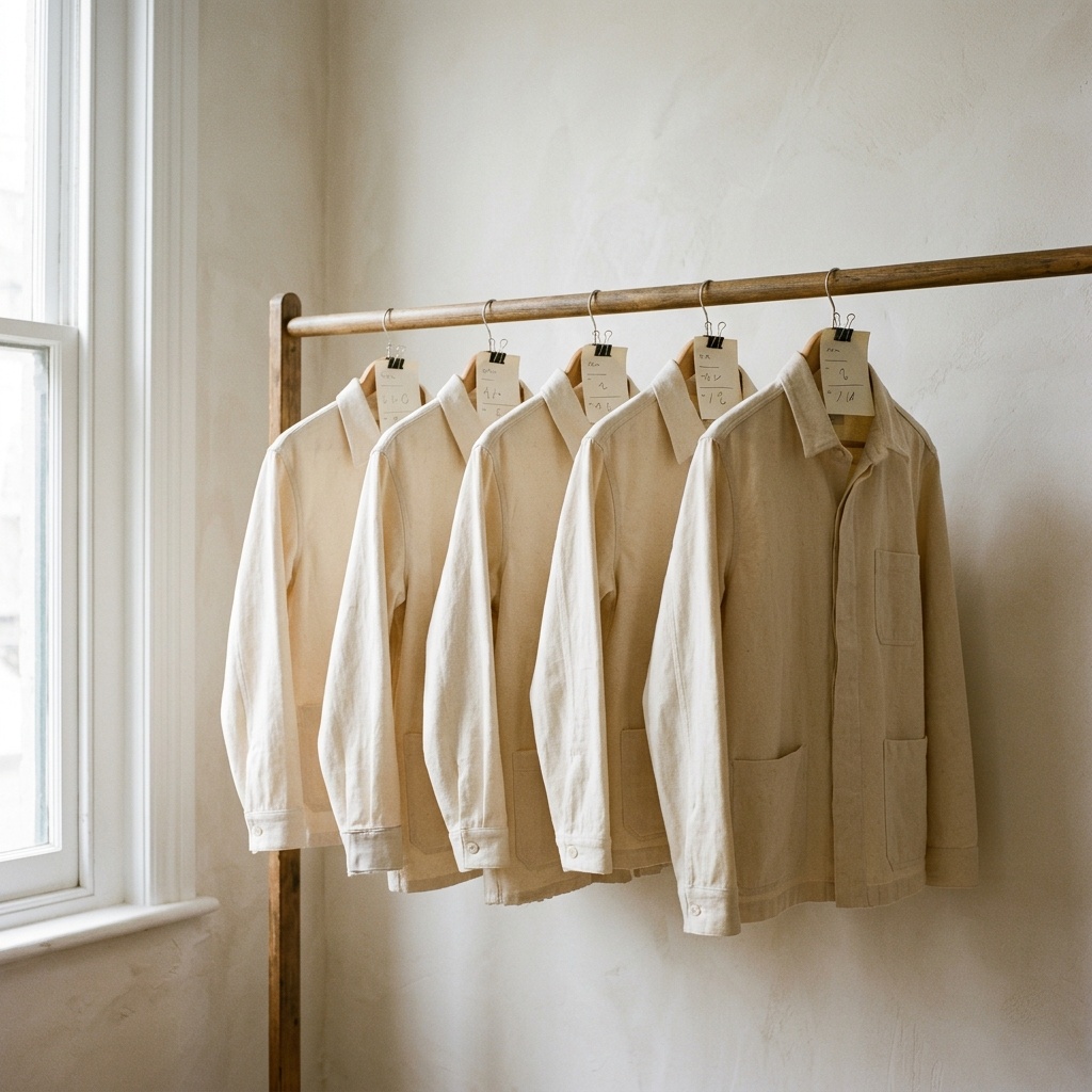 A garment rack holding five near-identical sample iterations of the same piece, each with a sample tag — the visible cost of a sampling cycle that should have taken two rounds and took five