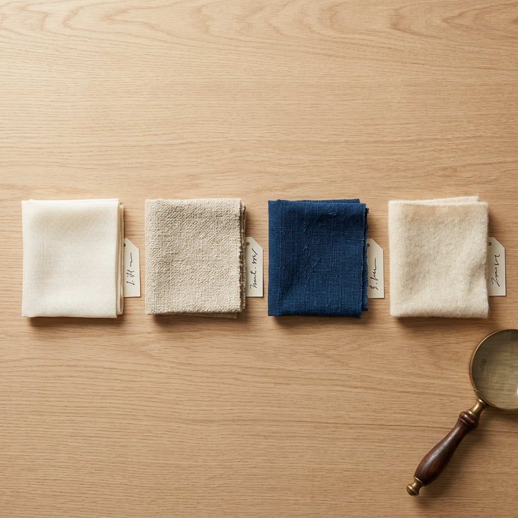 A flat-lay of four premium fabric swatches with small handwritten provenance tags — what naming the mill on the product page actually requires upstream