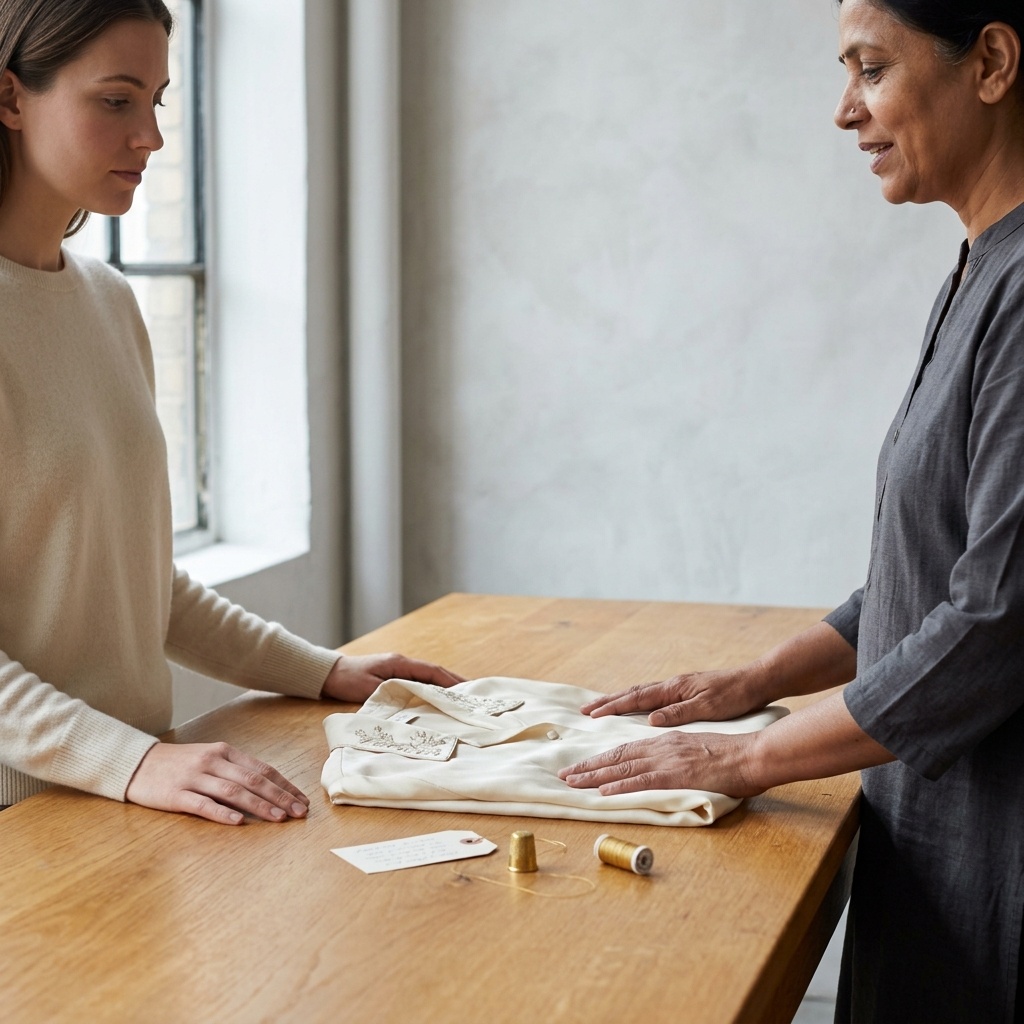 A US-based designer and an Indian master artisan working together across a sunlit workbench over a cream silk garment with hand-finished embroidery — the human partnership behind plus-one sourcing
