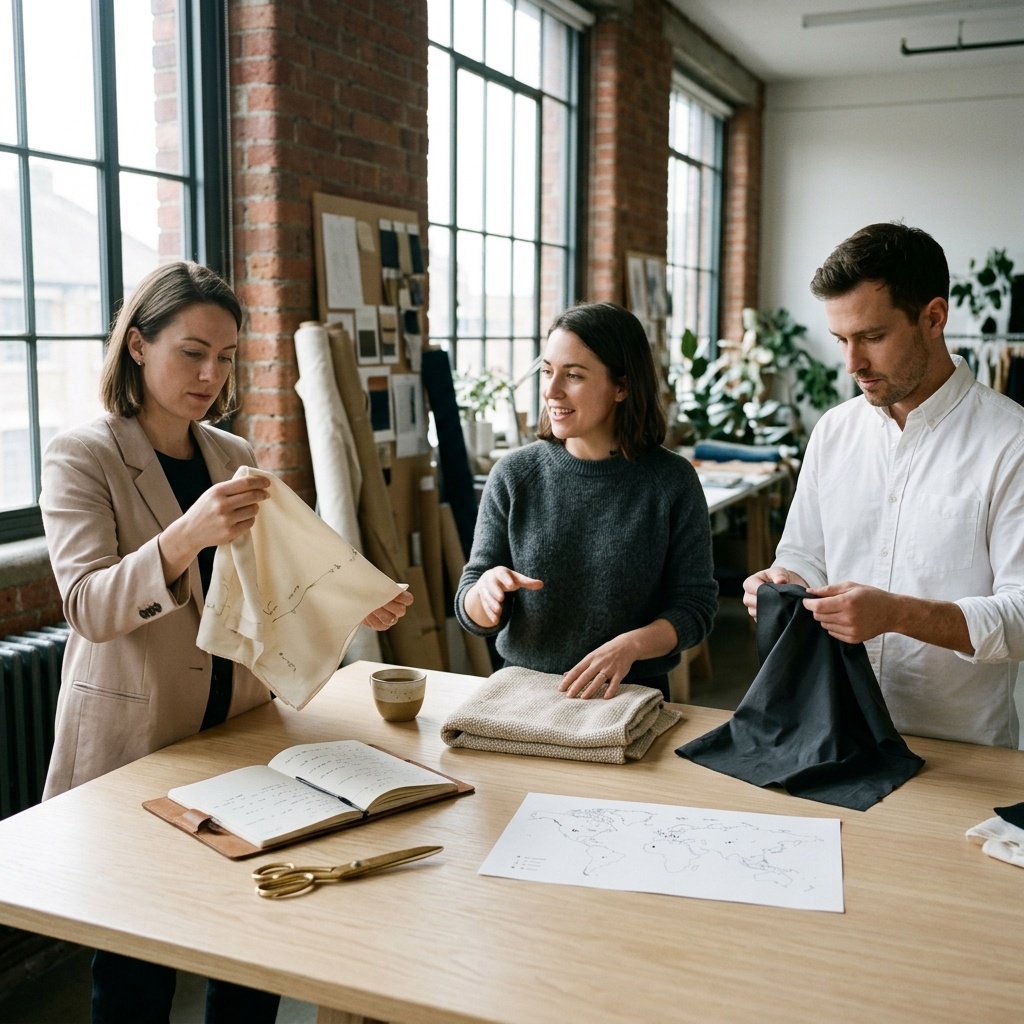 Editorial flat-lay of distinct apparel samples from different sourcing geographies — the visual map of category-specific Plus-One routing