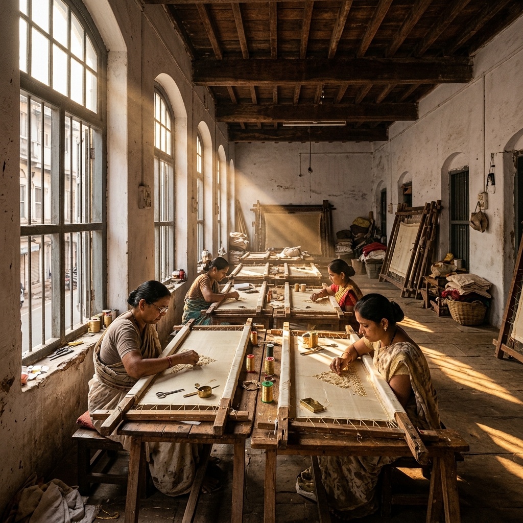 Close-up of an Indian artisan's hands hand-finishing a premium garment — the capability layer that is pulling the largest share of US Plus-One apparel reshoring in 2026