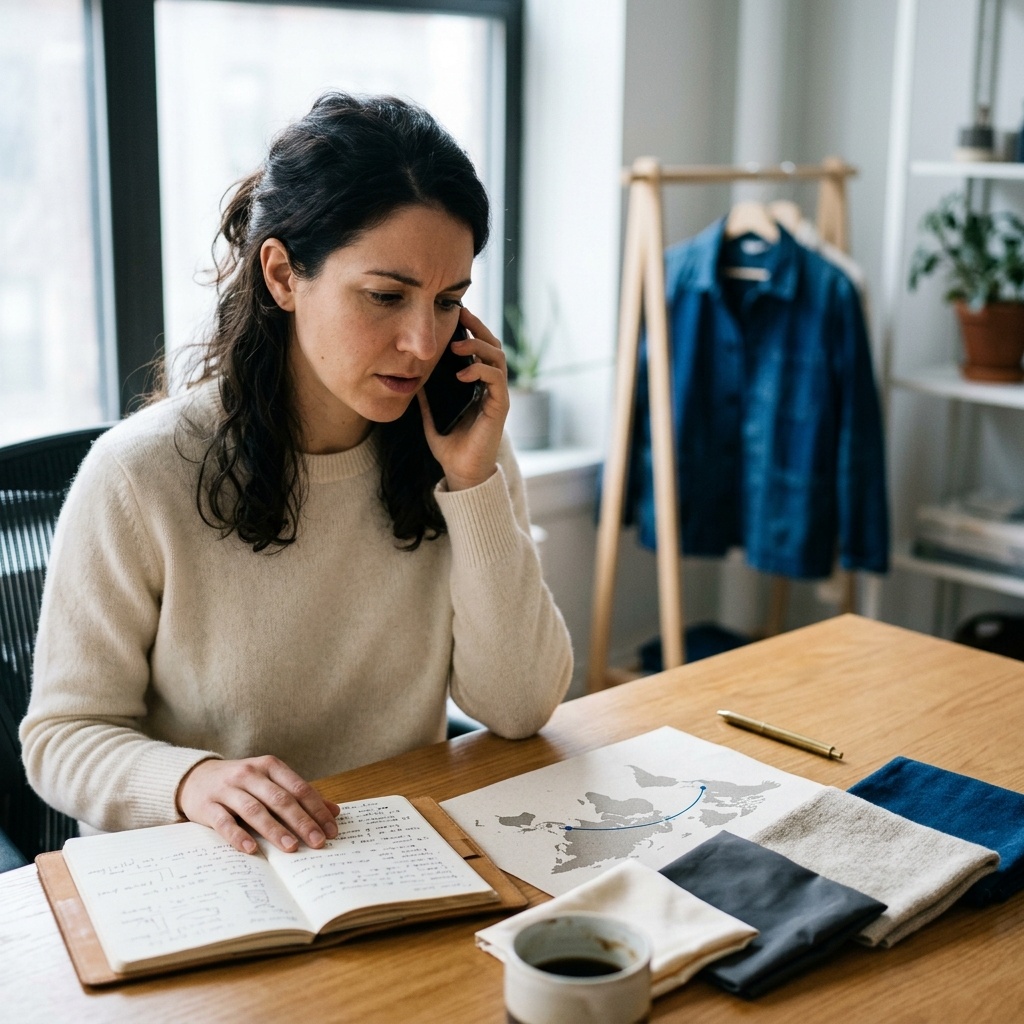 A founder's planning desk with a sourcing audit document, fabric swatches, and a country map — the Plus-One decision being made on paper before it is made in production
