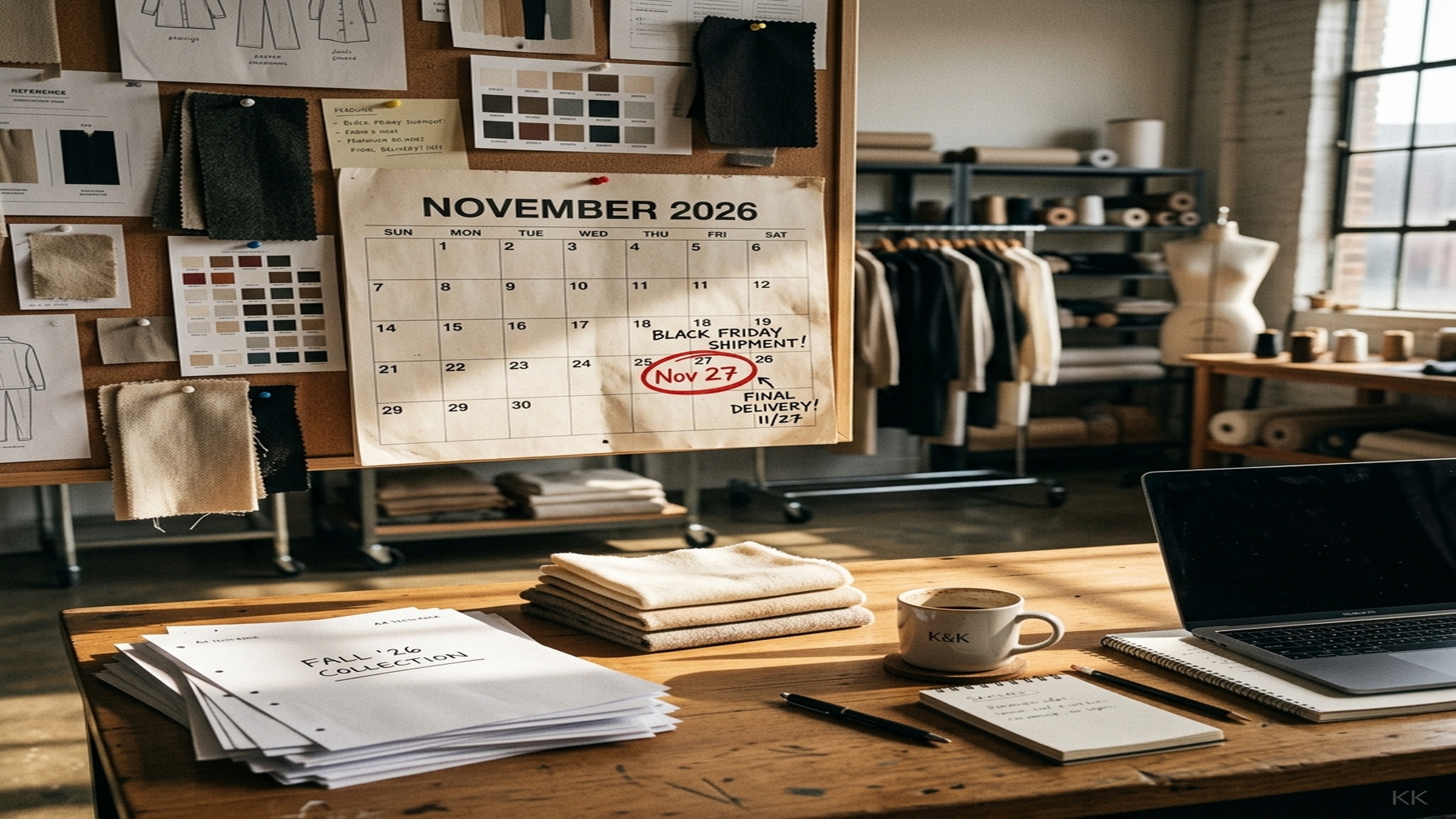 A US clothing brand studio in early June — a wall calendar marked with Black Friday Nov 27, design samples and fabric POs spread across the desk, late-afternoon light