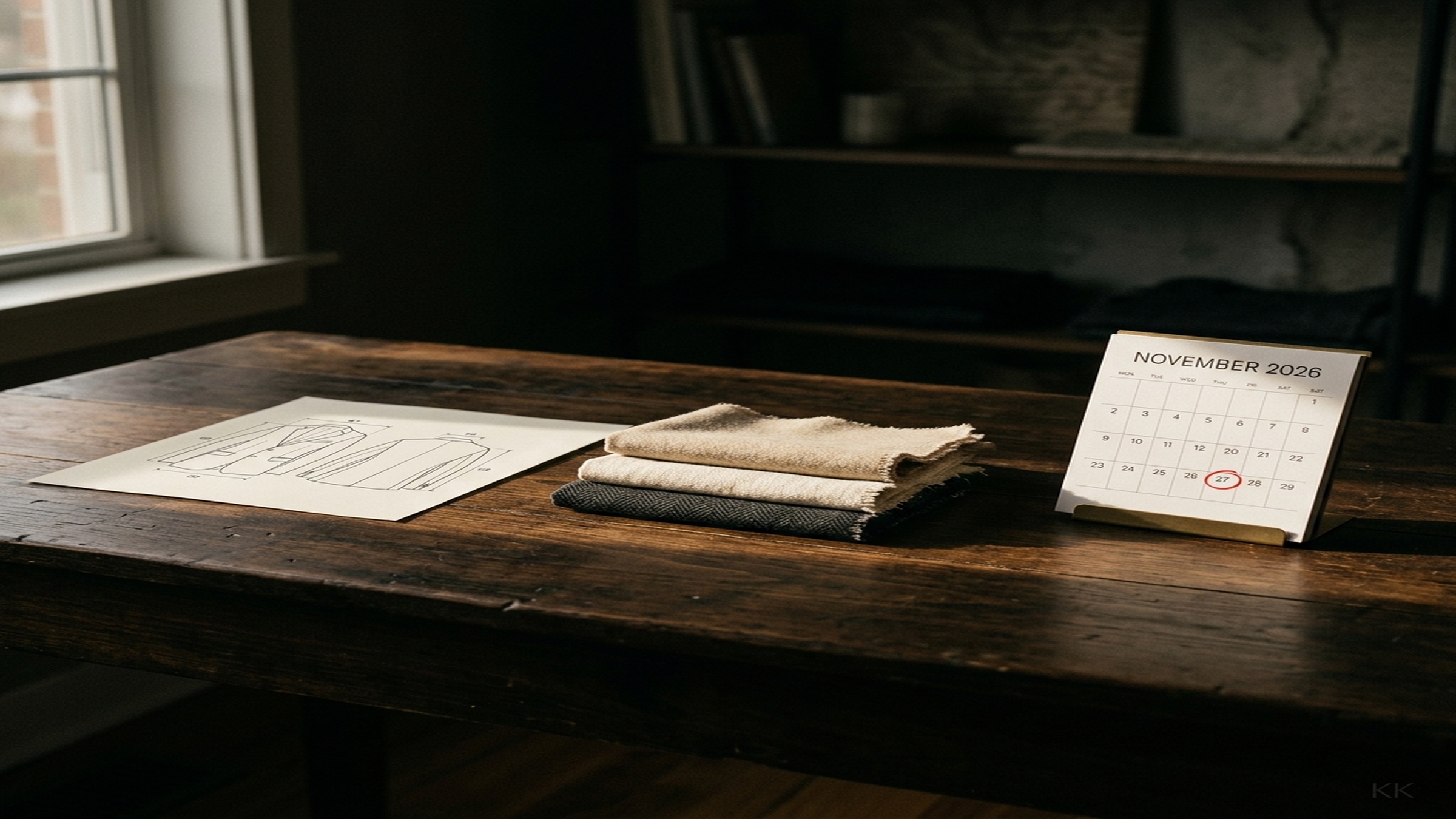 Three objects on a designer's desk in a single shaft of light — a tech pack page, a stack of premium fabric swatches, and a wall calendar with one date circled — the three June decisions