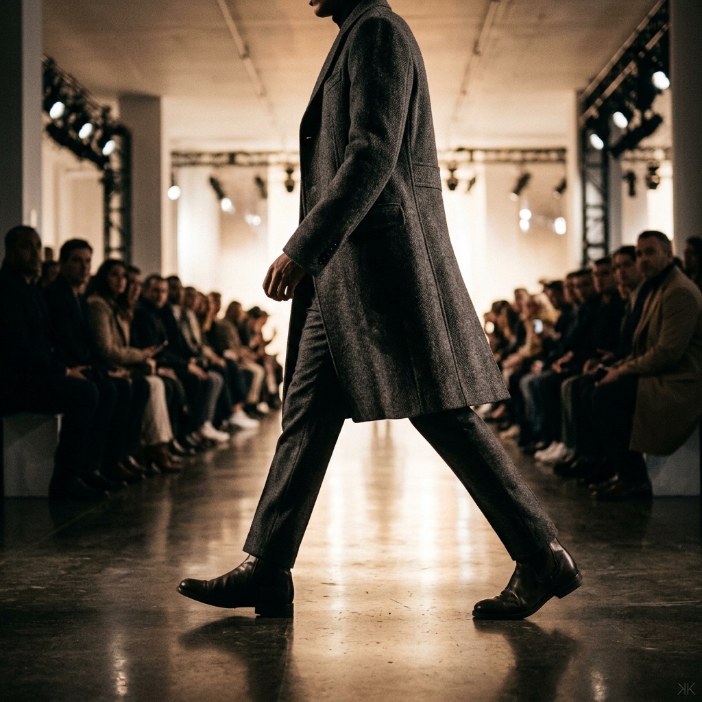 An editorial wide view from the photo pit at a NYFW Men's runway show — diffused warm light spilling onto a polished show floor, a single model silhouetted mid-walk, no recognizable faces, the construction of a structured tailored coat catching the light