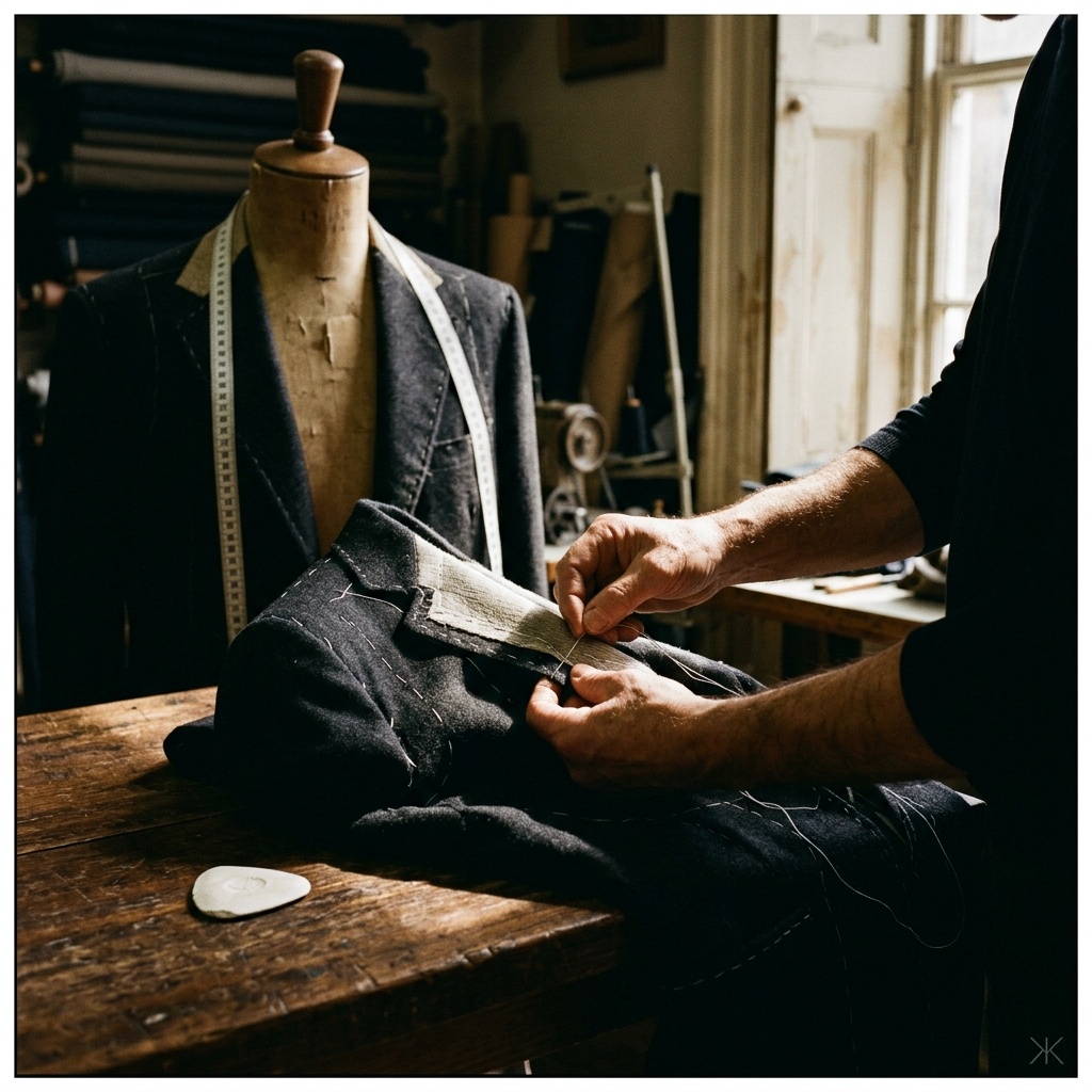 A medium-close documentary photograph of hands at work in a tailoring atelier — visible stitching, basted lapel construction, chalked seam lines, single shaft of natural light from a tall window. No faces in frame.