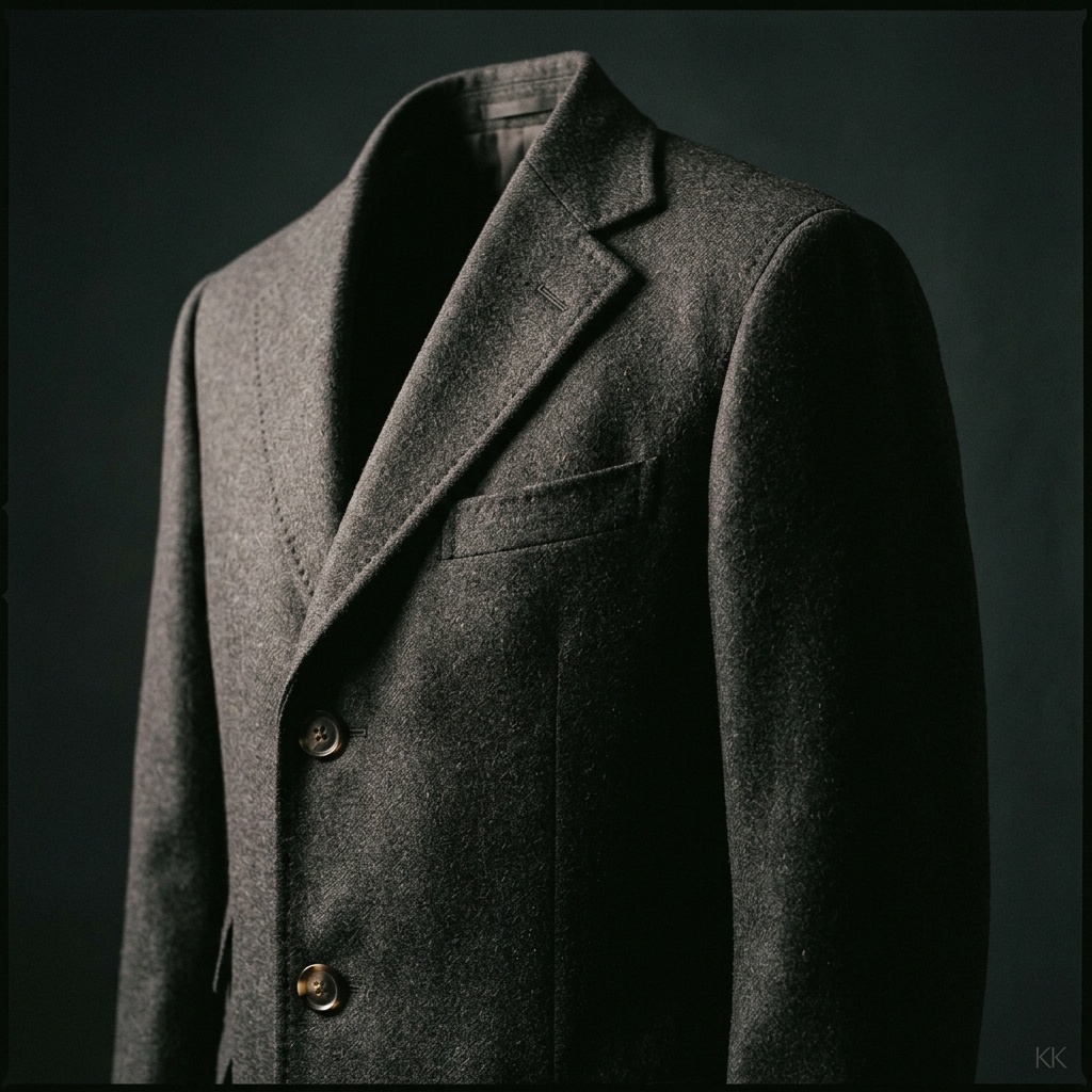 An editorial profile silhouette of a model from chest-down wearing a structured wool coat, side light raking across textured fabric, the figure's face out of frame, the photograph composed around the garment's shoulder line and lapel construction