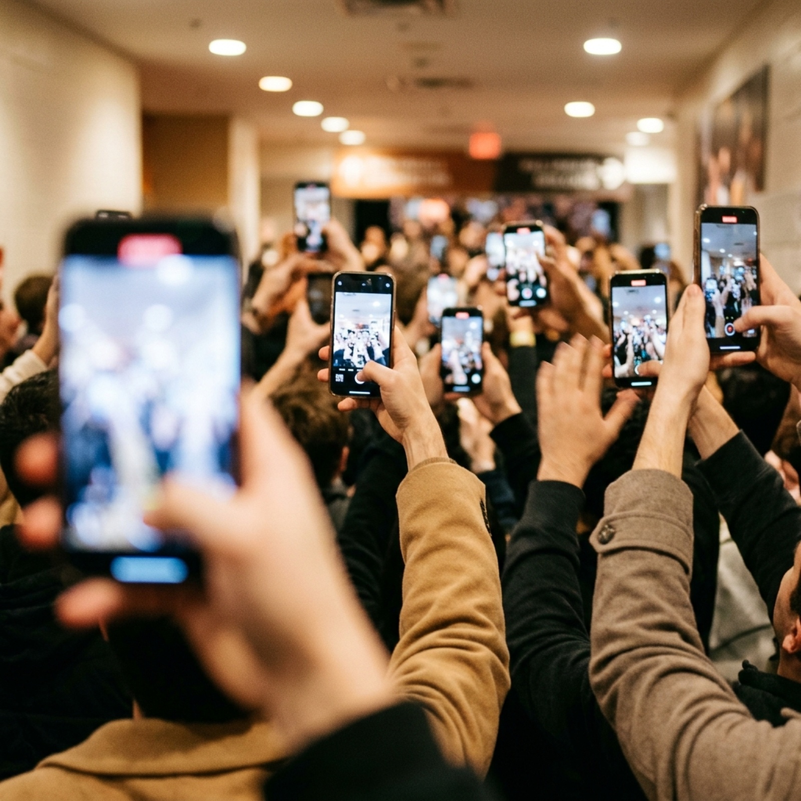 An atmospheric documentary photograph inside an arena player-entrance corridor — a forest of raised phone screens held up by anonymous hands capturing someone walking in, motion blur at the edges, warm tunnel lighting, no faces in frame, focus on the act of being photographed