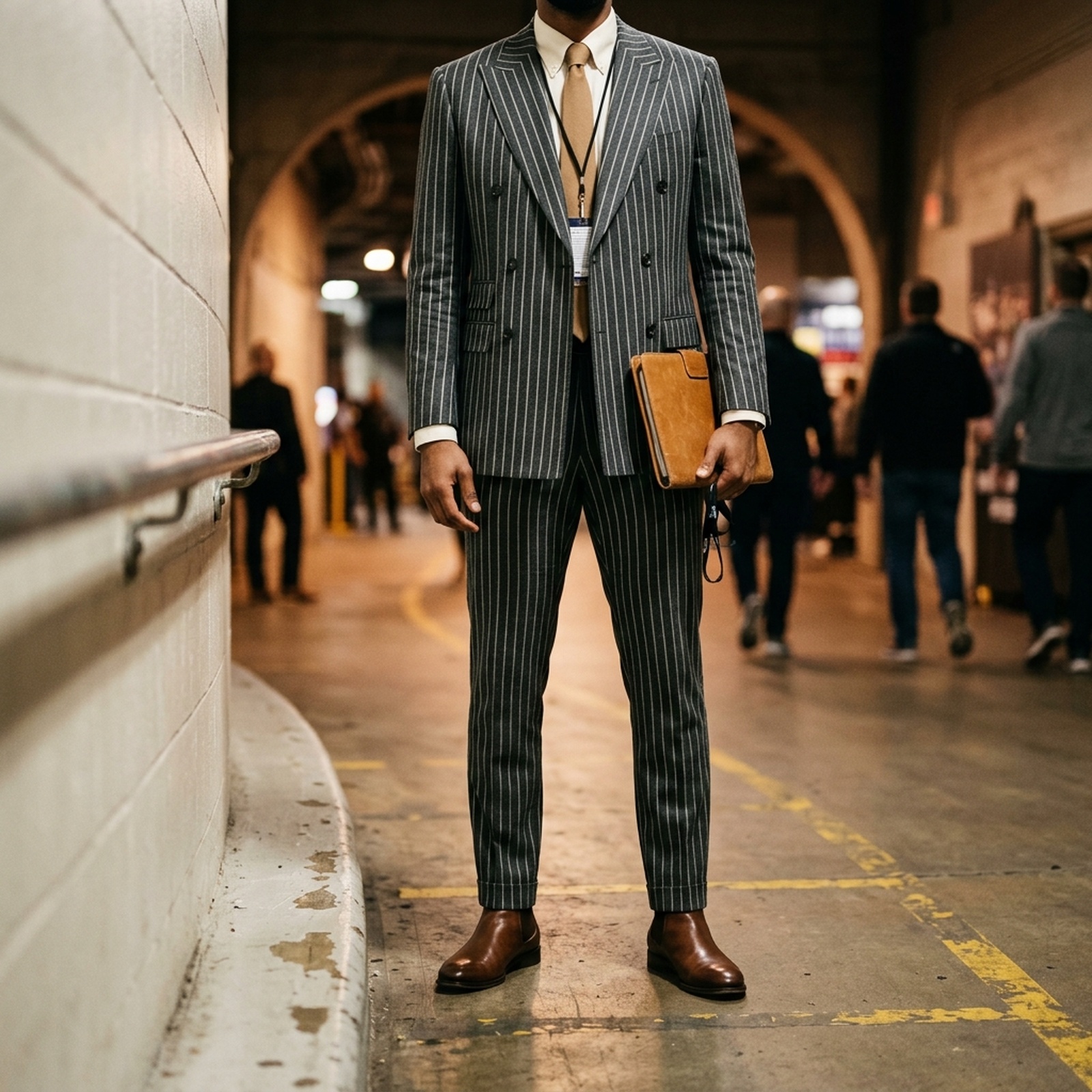A headless, neck-down editorial photograph of a tall figure standing in an arena corridor in a bold monochrome pinstriped tailored look — the statement-fit silhouette, shoulders and lapel construction in sharp focus, the face out of frame. No logos, no readable text.