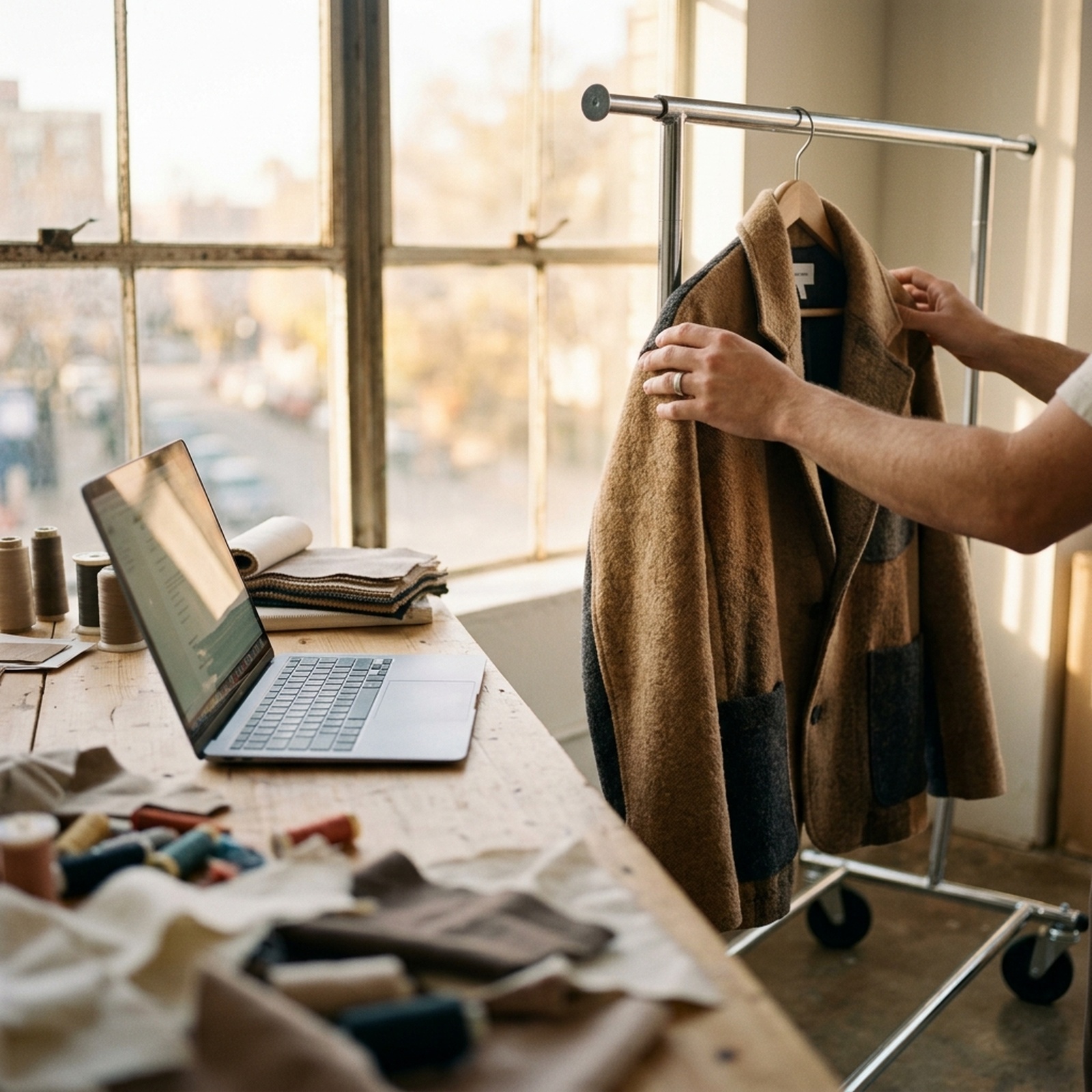 An intimate, warmly-lit small-studio scene — a single statement jacket on a rolling rack beside an open laptop on a worktable, a maker's hands (no face) steadying the garment. The founder's-desk side of the tunnel-fit economy. No logos, no readable text on screen.