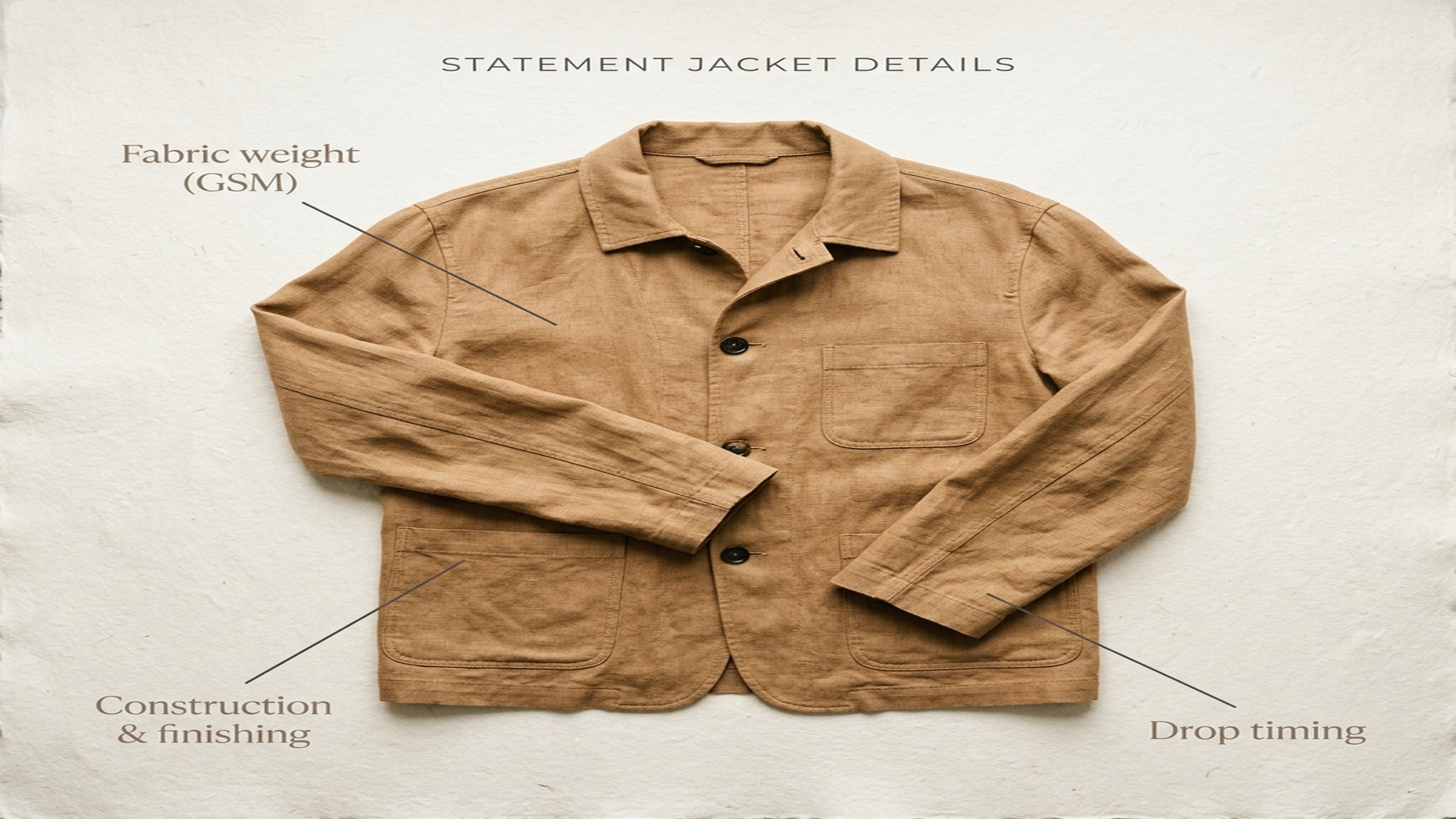 A clean editorial infographic on a cream paper background titled 'Anatomy of a viral menswear piece' — a single statement jacket drawn center-frame with three annotation callout lines pointing to labelled details: fabric weight (GSM), construction and finishing, and drop timing. Minimal, branded, no photographic faces.