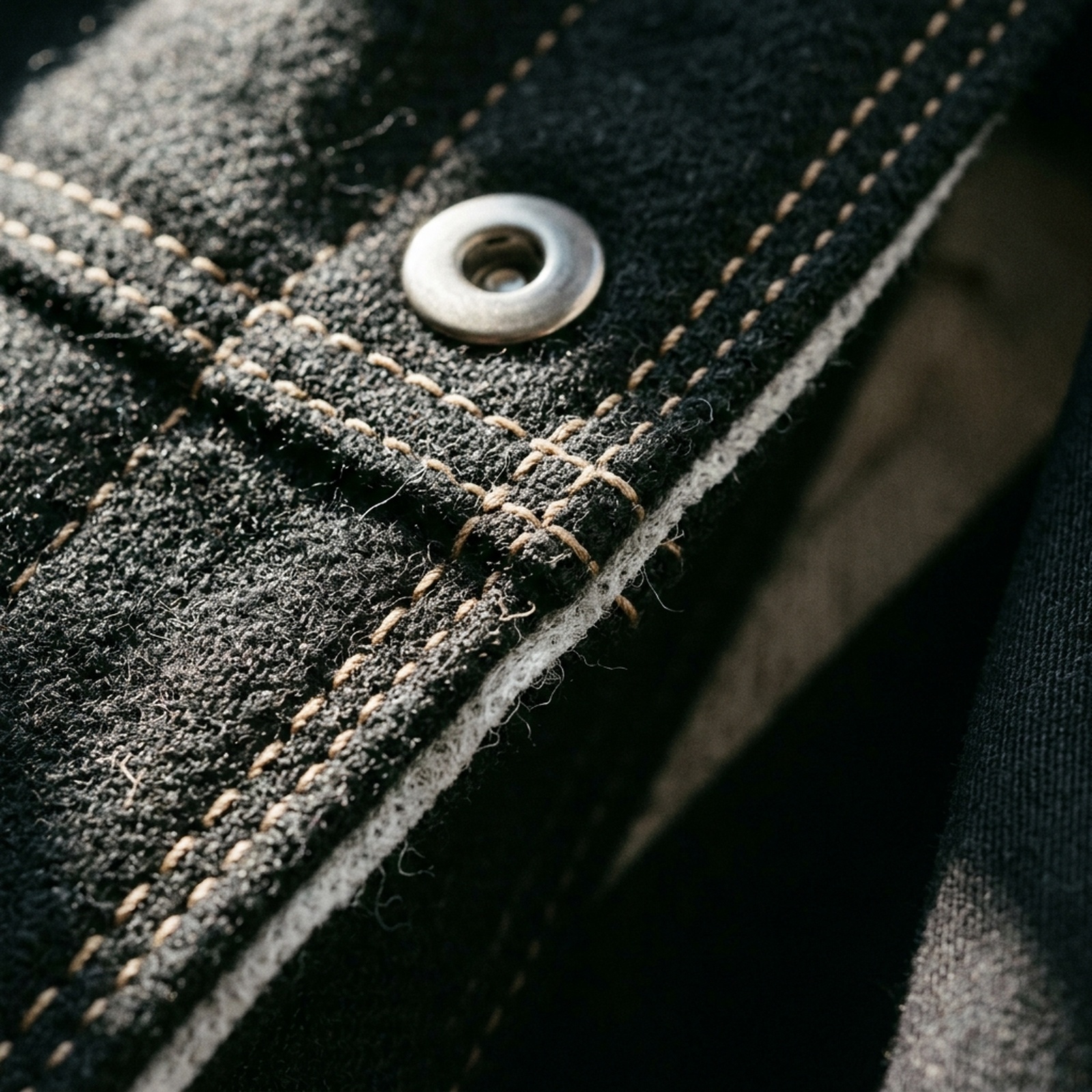 An extreme macro photograph of a statement jacket's construction under hard directional light — dense topstitching, the grain of a heavyweight wool, a metal snap catching a highlight, every thread and seam sharply resolved to evoke a 4K camera freeze-frame. No logos, no faces.