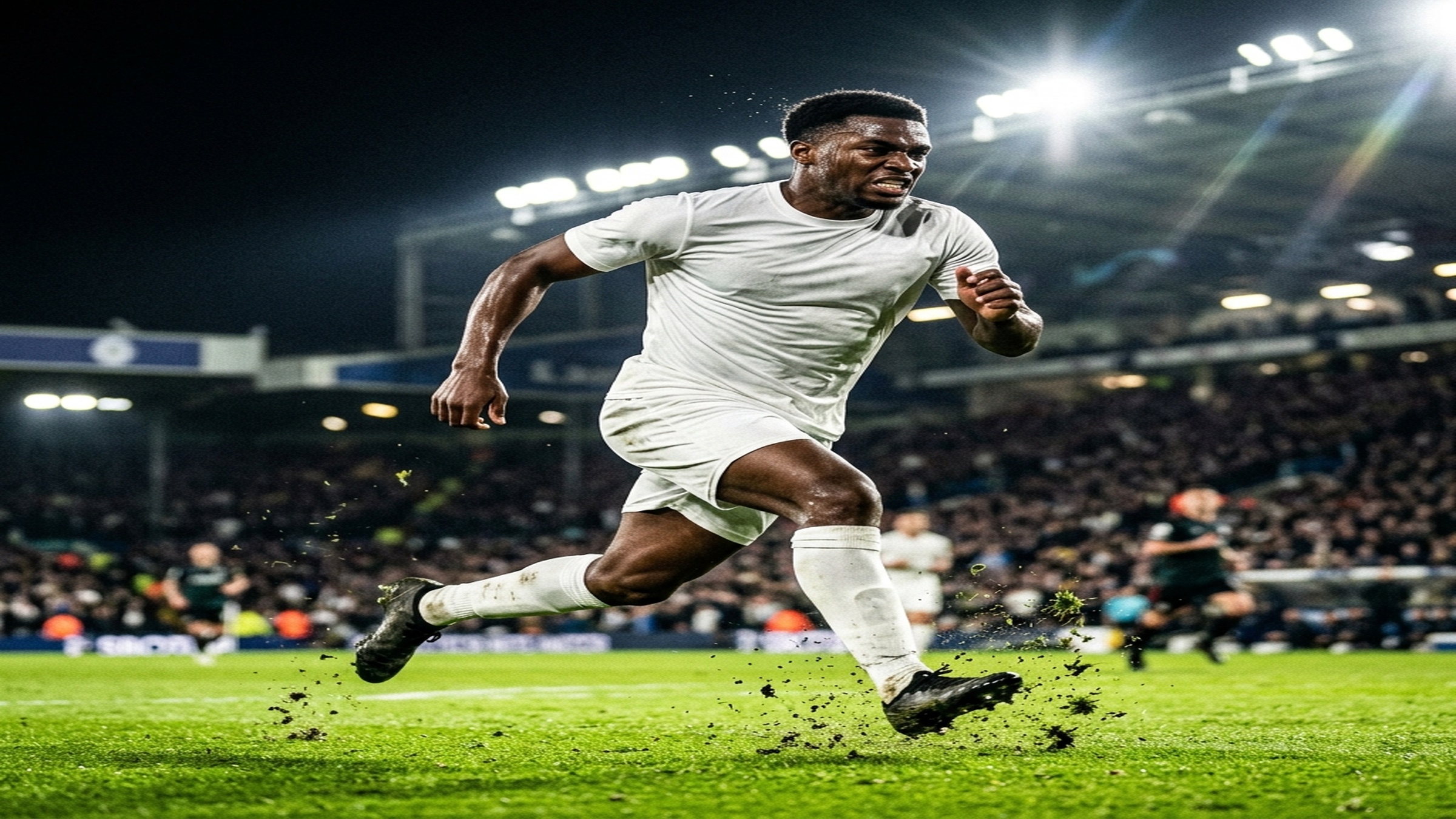 A generic, unbranded footballer caught mid-action on a floodlit pitch at night — motion, dramatic stadium light, the plain kit and its construction catching the light. No team crest, no brand logo, no readable text or number, no identifiable real player.