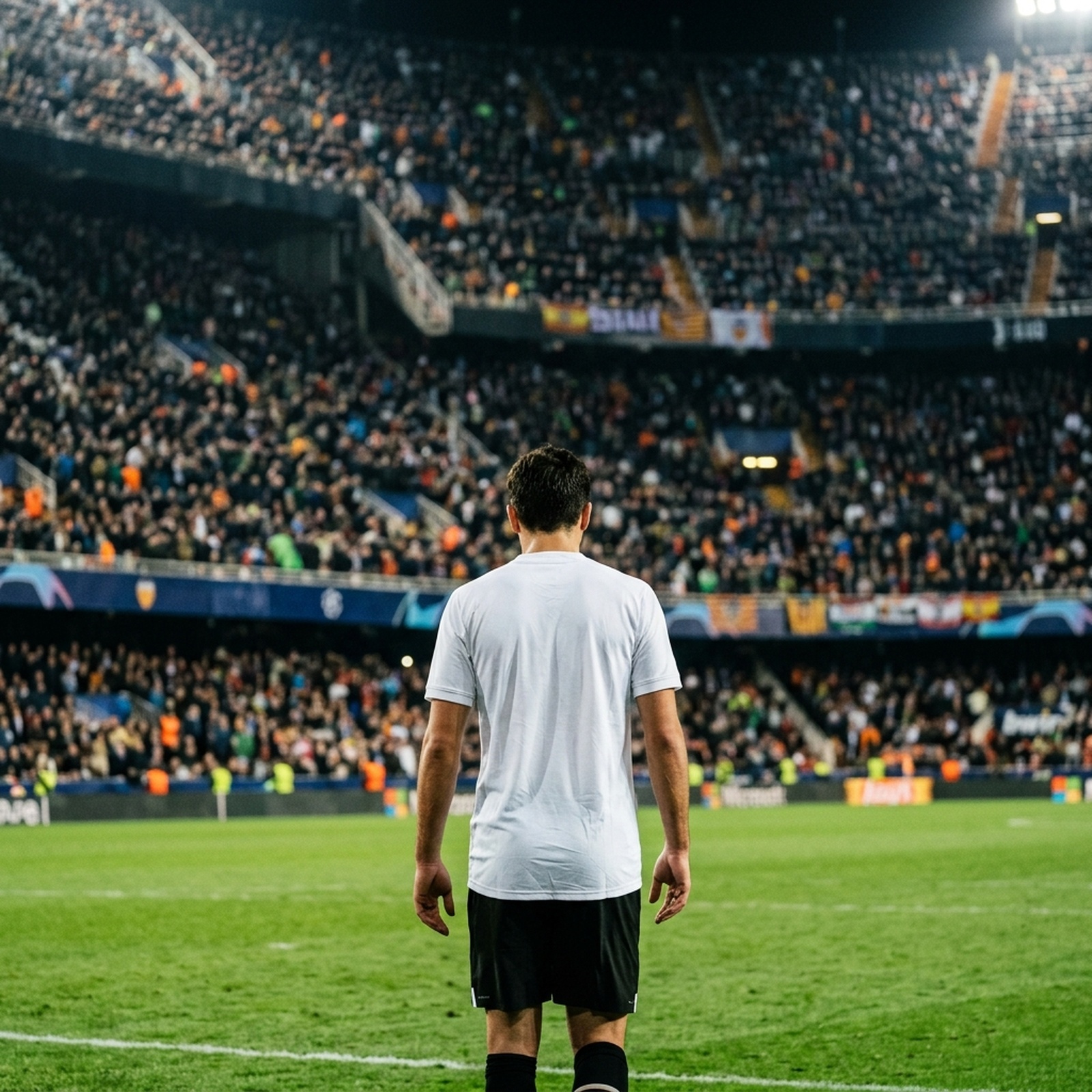 A generic footballer seen from behind on the pitch, the back of a plain unbranded jersey prominent, a vast blurred floodlit crowd filling the stands behind — one shirt under the gaze of a full stadium. No crest, no logo, no readable text or number, no identifiable real player.