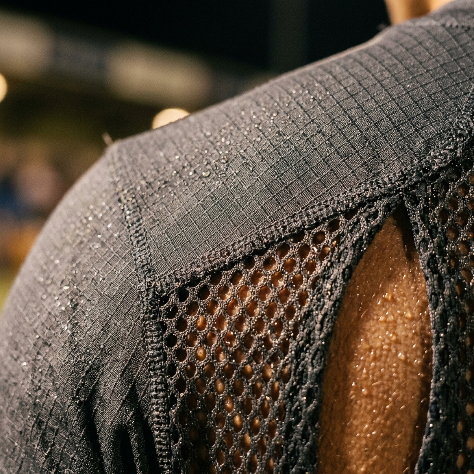 An extreme macro photograph of technical performance jersey fabric: open and closed mesh ventilation zones, a fine ripstop grid, the texturised knit lifting off the surface, raking light revealing the three-dimensional structure. Pure fabric, no logos, no text, no faces.