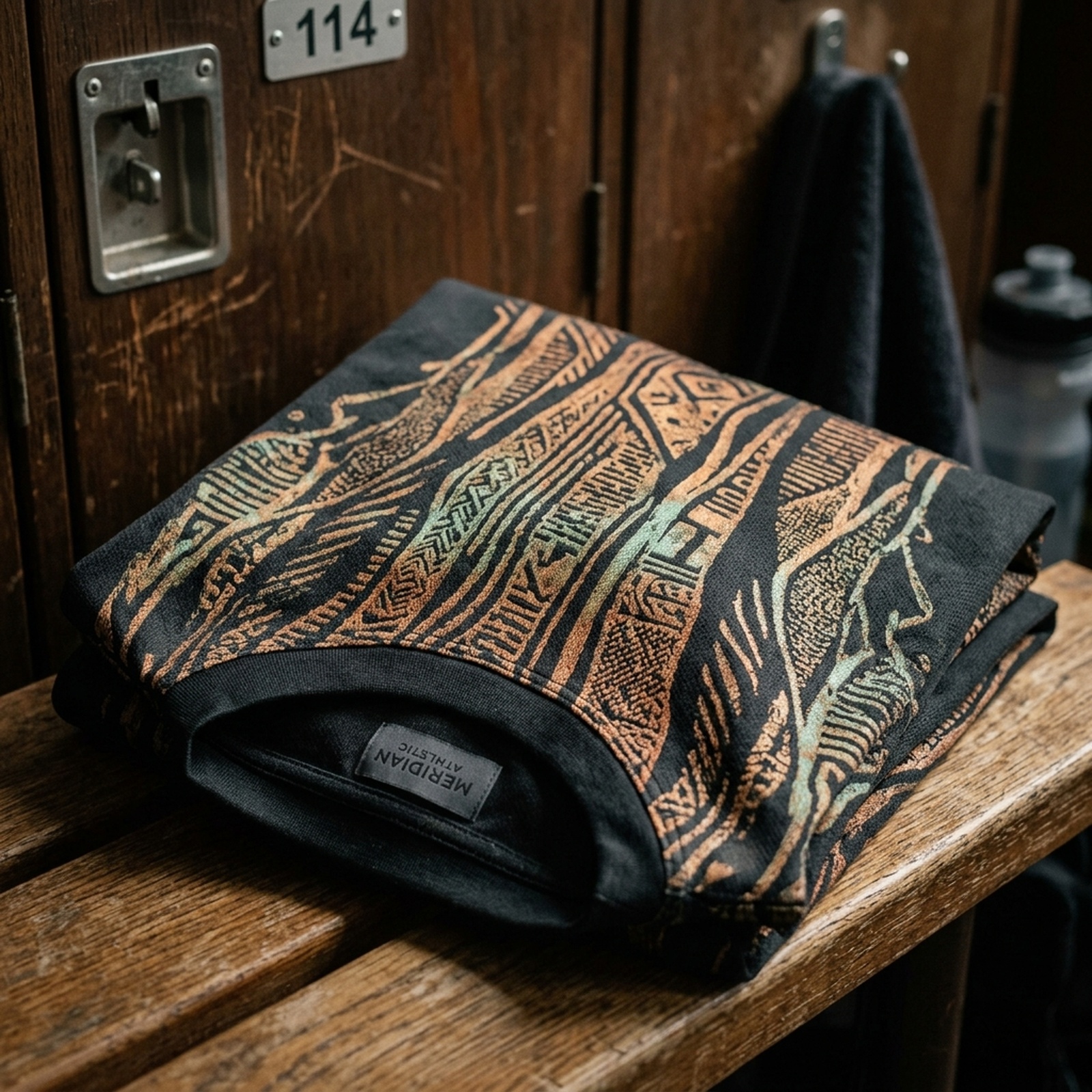 A photographic close-up of a folded generic jersey where an abstract heritage-style motif — a weathered copper-to-patina gradient — is woven into the textile rather than printed on top. Evokes storytelling through material, with no identifiable crest, flag detail, or text.
