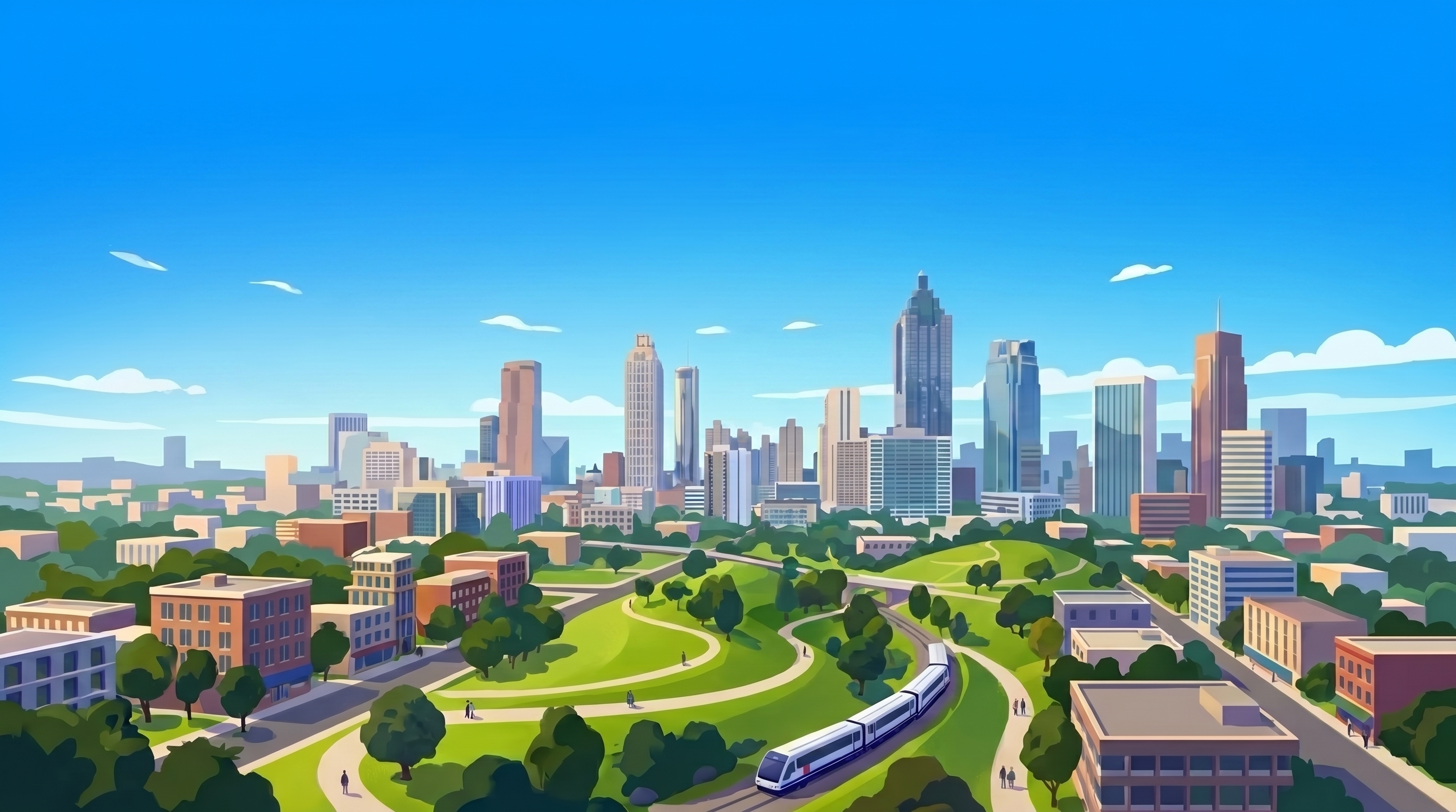 Photorealistic render of a modern city skyline at dusk