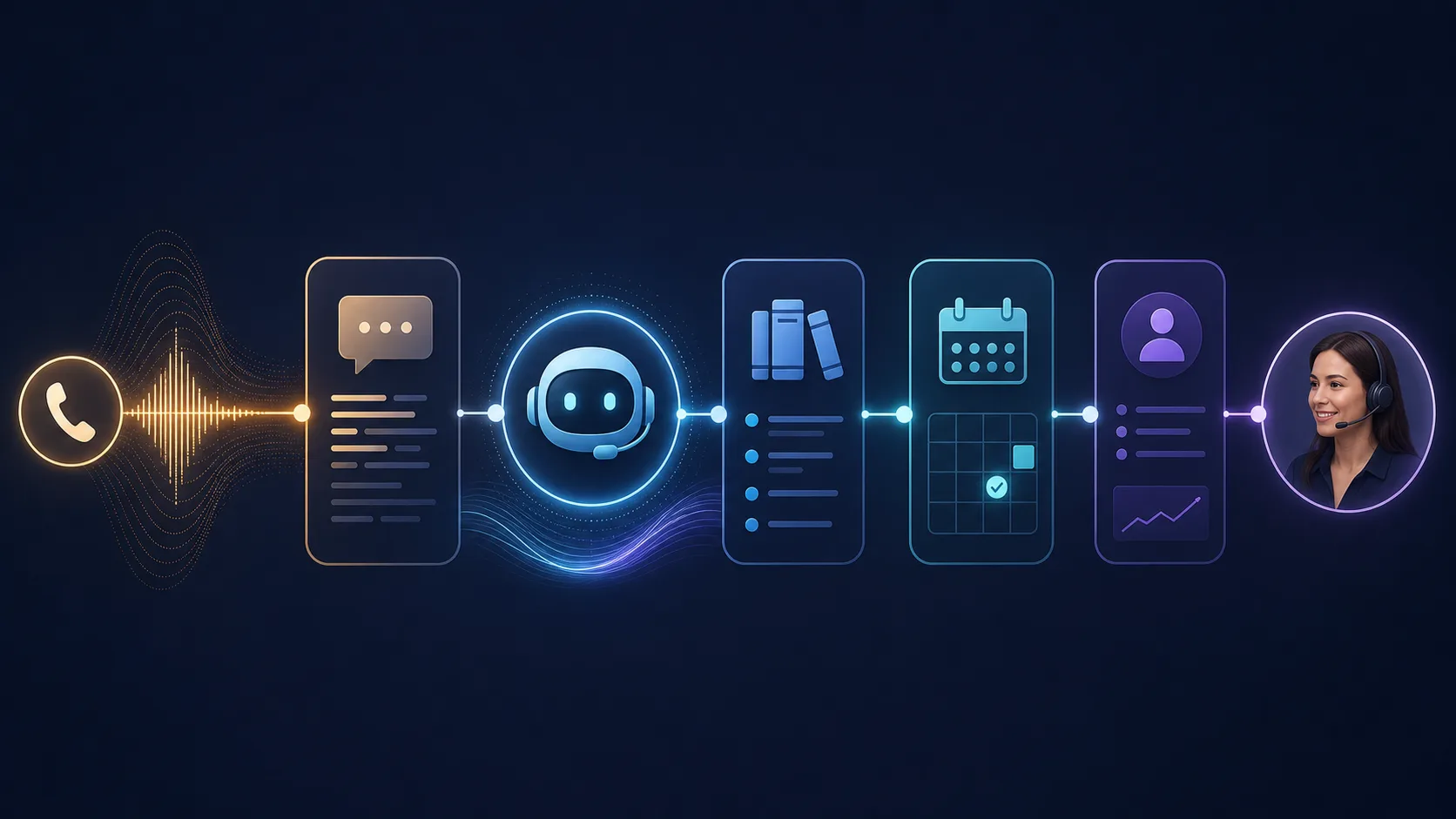 AI receptionist workflow connecting phone calls, calendar booking, CRM updates, and human support